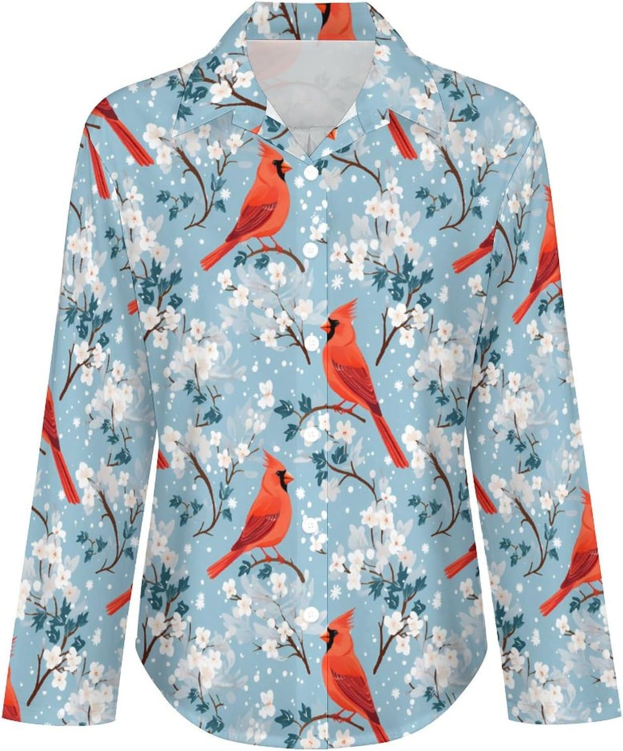 Red-Cardinal Birds Women's Long Sleeve Shirt Irregular Hem Casual Top V Neck Tees Blouse for Travel Beach