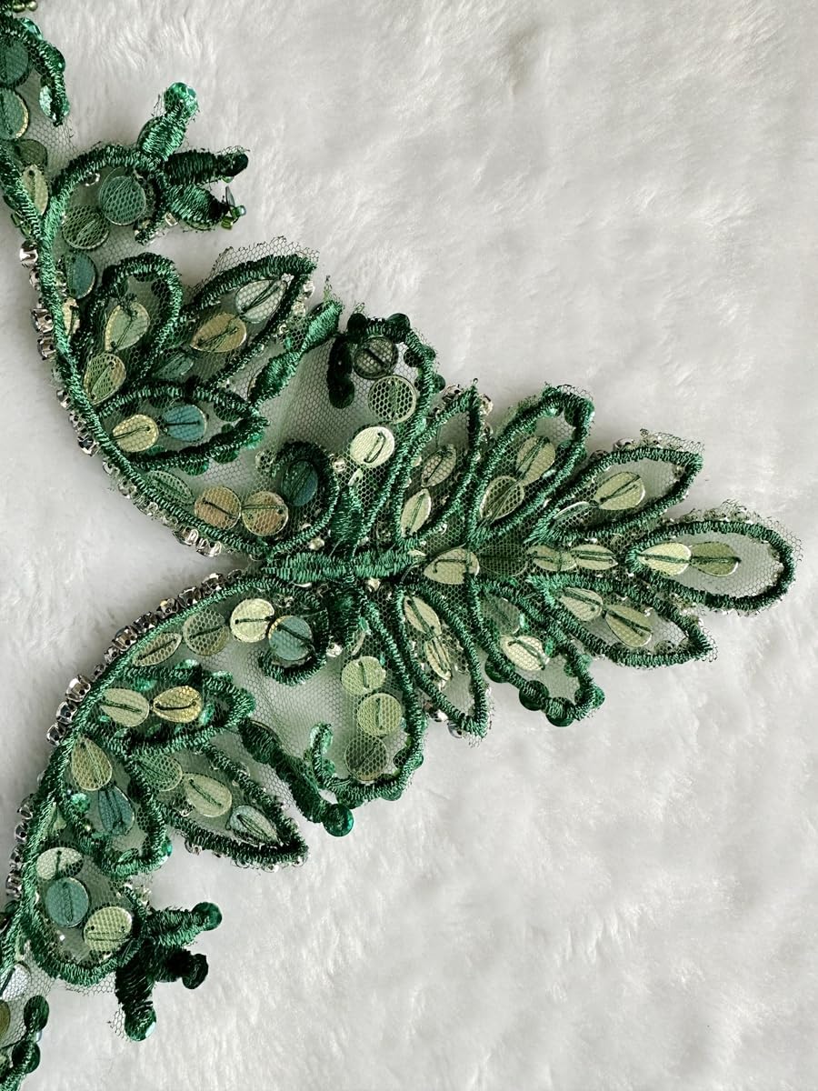 Large Size Pure handsewing Rhinestones Beads Applique for Dress Clothing Neckline and Waist Trim sew on Shining Crystal Sequins lace Patches one Set/Bag (Deepgreen)