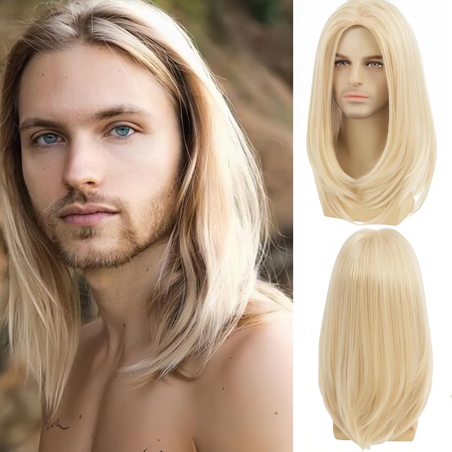 Mens Long Blonde Straight Wig Middle Part Heat Resistant Men Wigs for Daily Party Costume Halloween B-Light Blond