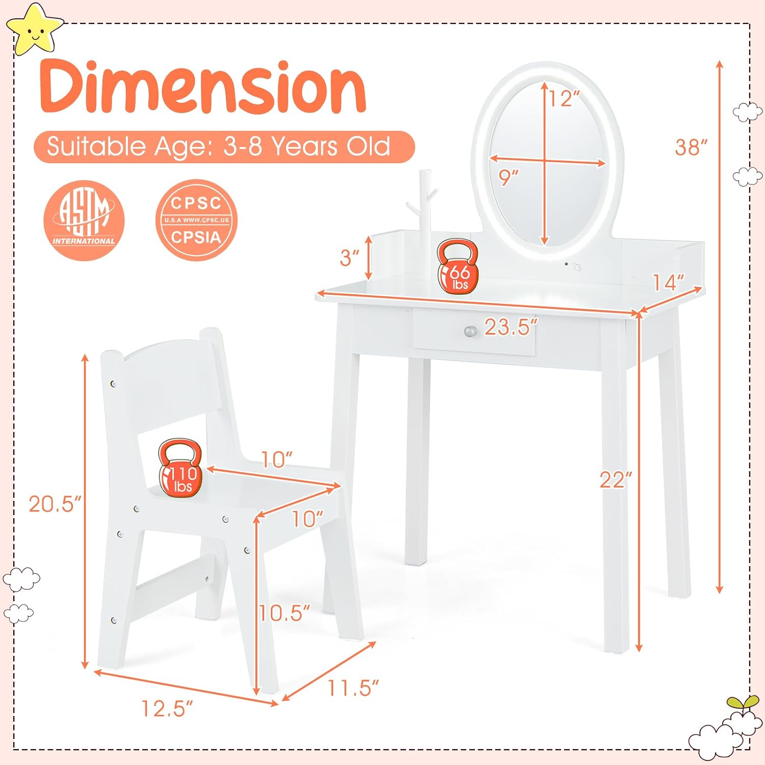 GLACER Kids Vanity, Wooden Toddler Vanity with Lighted Mirror, Drawer, Jewelry Rack, Princess Kids Vanity Table and Chair Set, Girls Vanity for Little Girls Ages 3-8 (White)