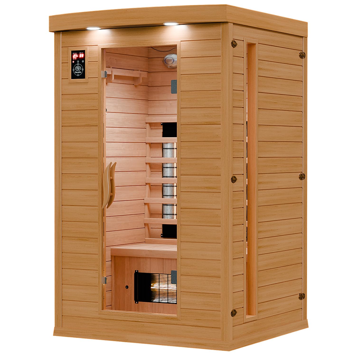 Dewello® Infrarotkabine Infrarotsauna Hyder 115x105 für 1-2 Personen aus Hemlock Holz mit Vollspektrumstrahler, LED-Farblicht, Bluetooth, FM,MP3,USB