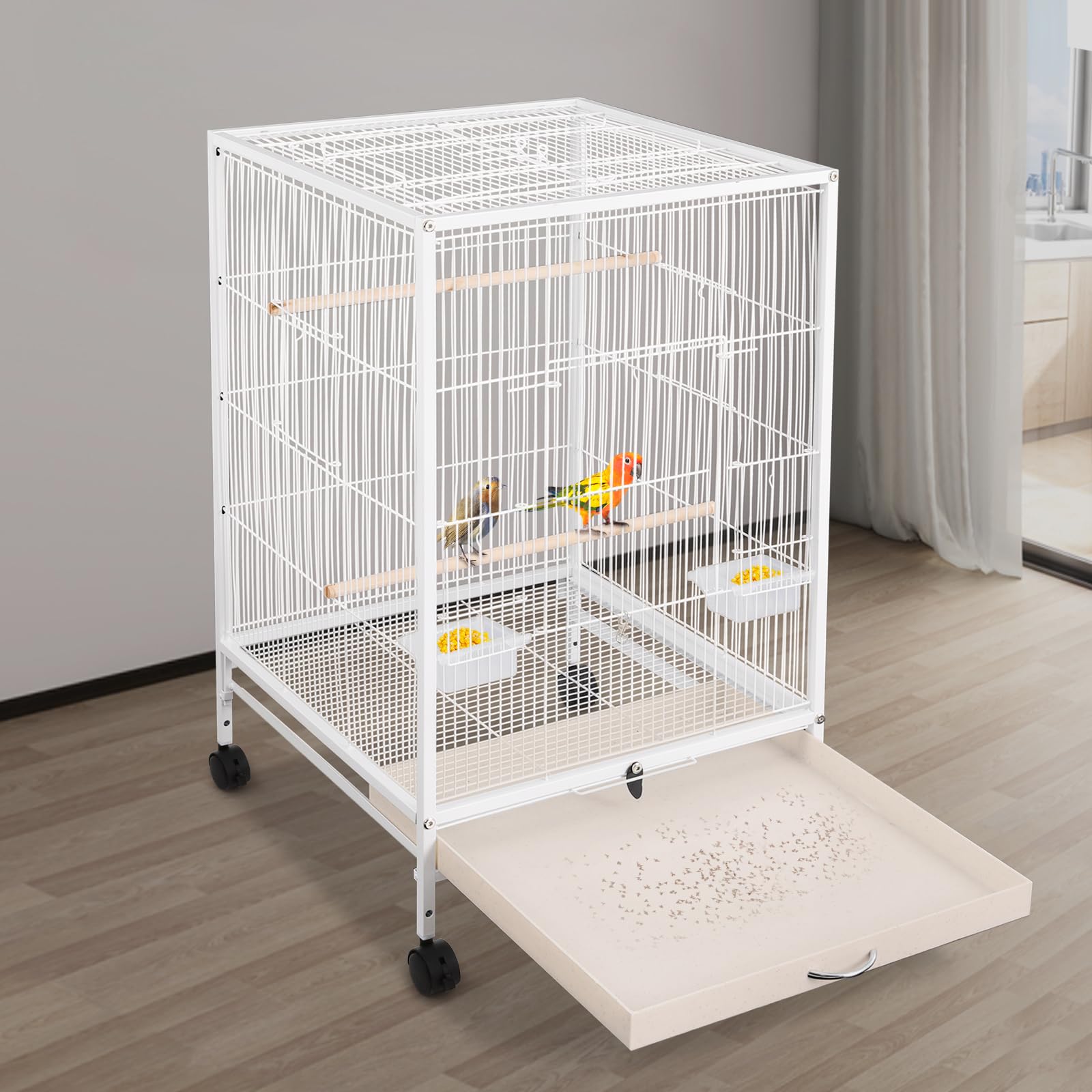 Jaula grande para pájaros, jaula interior para loros, pajarera de metal con ruedas de transporte, apertura hacia arriba, jaula para pájaros, 46 x 46 x 94 cm, jaula para periquitos con 3 perchas