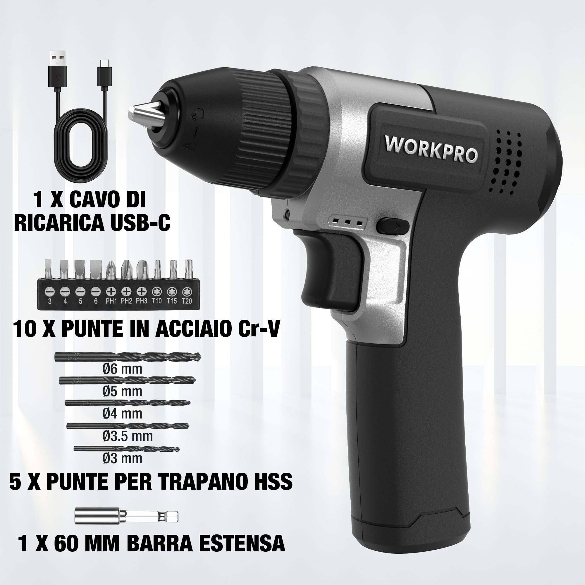 WORKPRO Trapano a Batteria 8V, Trapano Elettrico con Mandrino da 10 mm | Cacciavite Elettrico, Cacciavite con Velocità Variabile, Cacciavite Ricaricabile Tipo C, con 15 Accessori, Nero