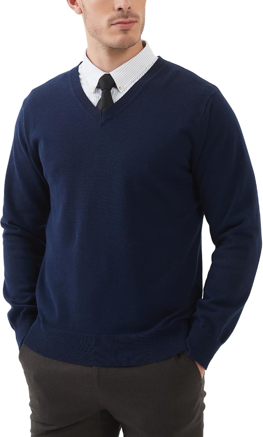 Kallspin Men's V Neck Sweater Pullover Regular Fit Pure Cotton Long Sleeve Lightweight Knit Casual Smart Layering