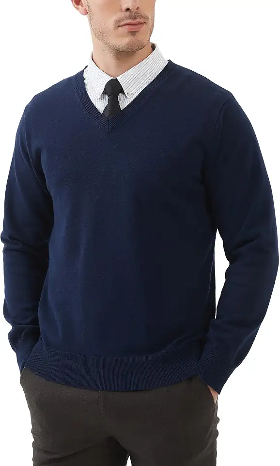 Kallspin Men's V Neck Sweater Pullover Regular Fit Pure Cotton Long Sleeve Lightweight Knit Casual Smart Layering