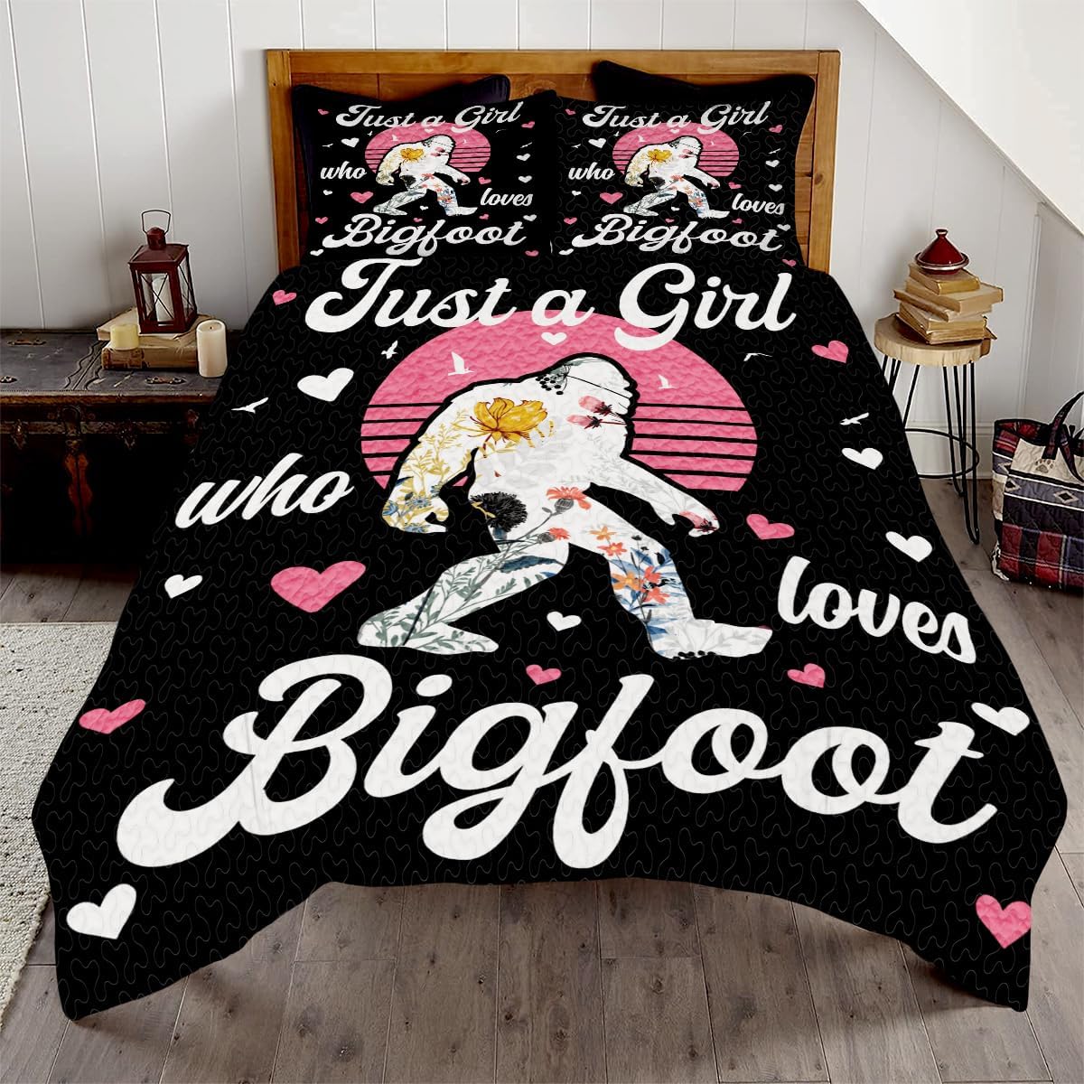 Personalized Bigfoot Quilt Set, Bigfoot Bedding Set Sasquatch Quilt - Bigfoot Bedding King Size Home Bedroom Decor Bigfoot Comforter (Just A Girl Who Loves Bigfoot and Flowers)