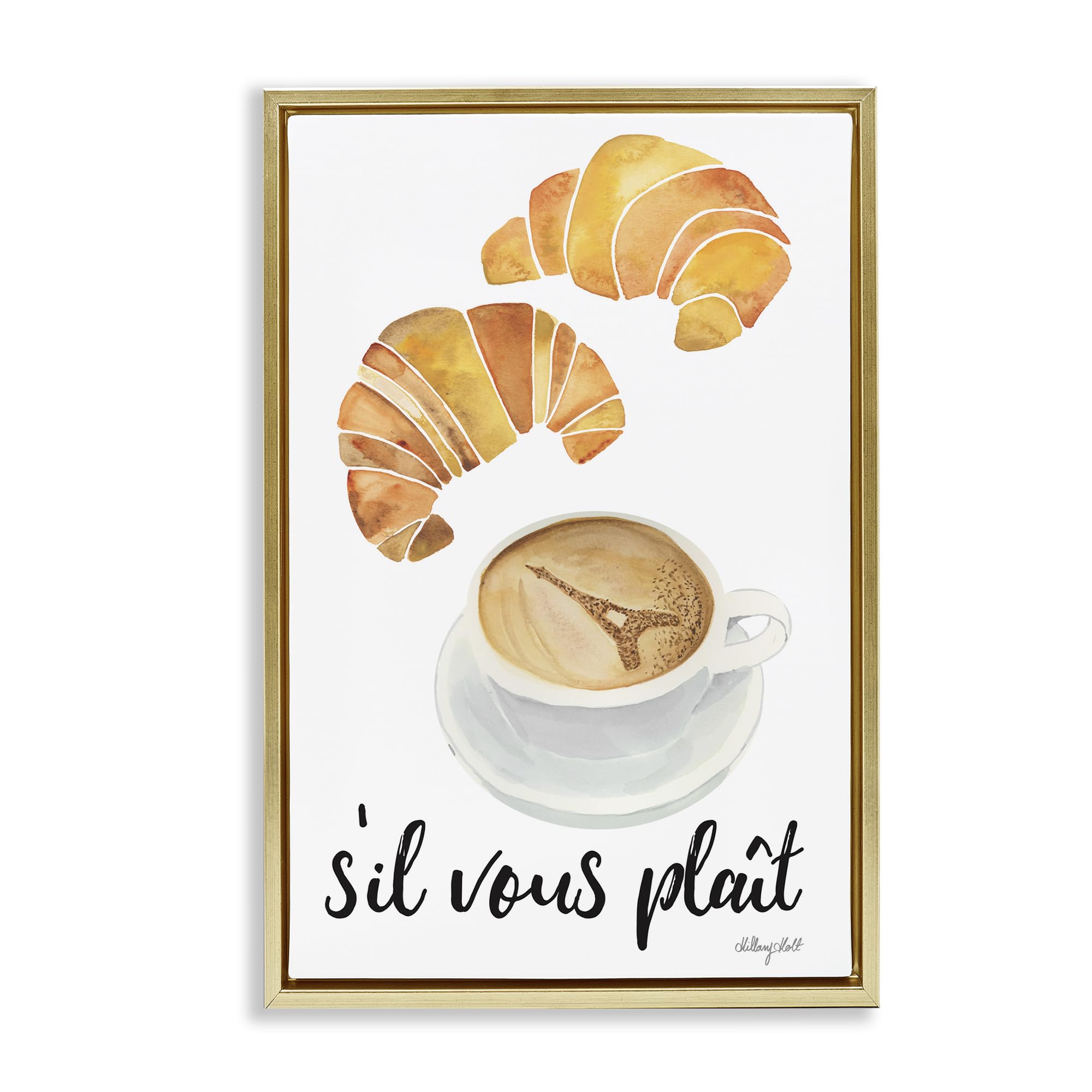 Stupell Industries Metallic Gold (Matte) 'Paris Croissant And Coffee', Floating Frame Canvas Art, Gold, 17 X 25 Inches, Easy To Hang And Sturdy, Made In Usa, By Hillary Holt