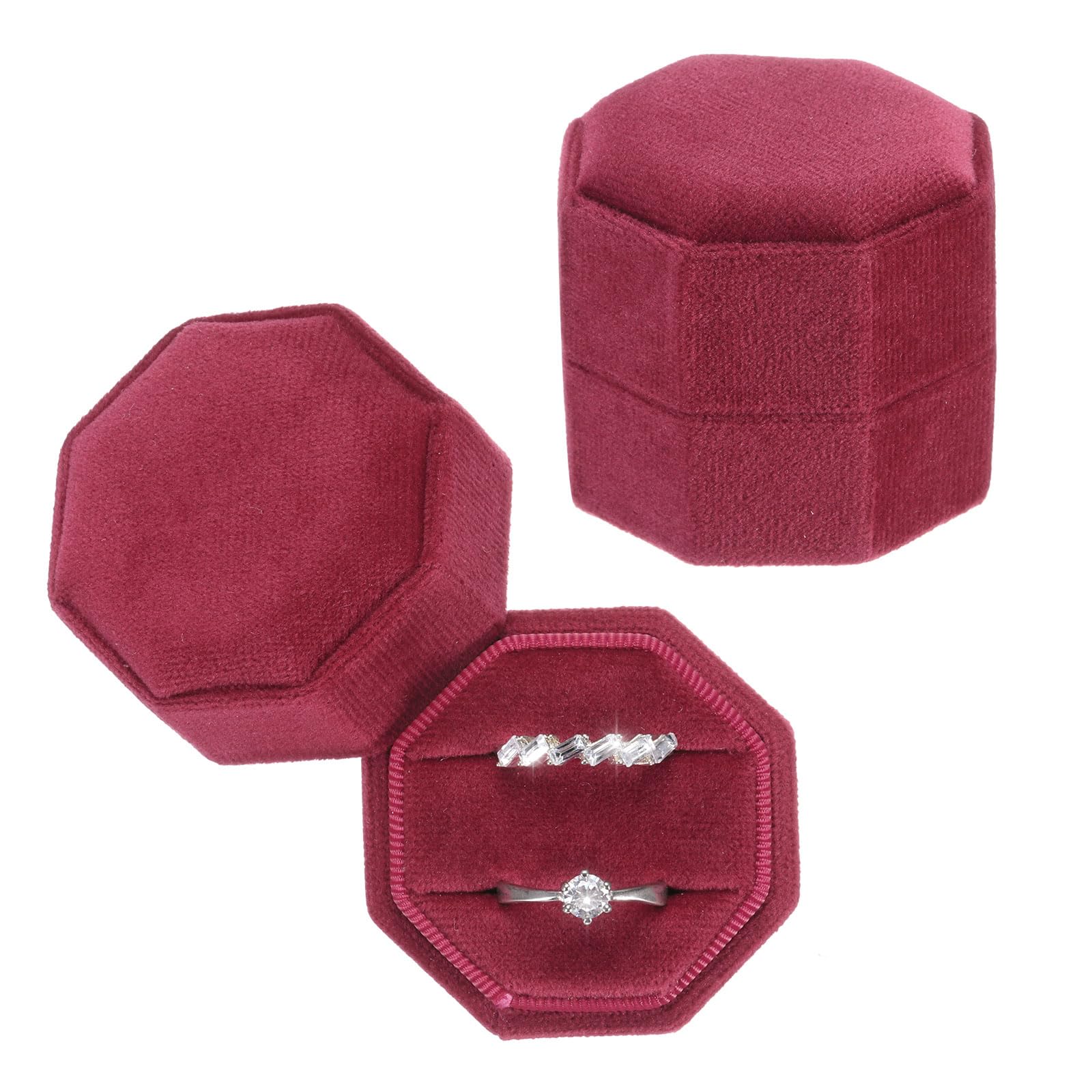 Boîte à bagues en velours double écrin alliances bijoux fiançailles mariage rouge vin