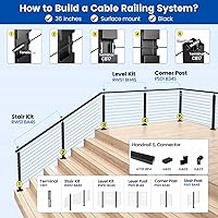 Vista 5 de Muzata Pasamanos de cable de acero inoxidable cuadrado postes con soporte extraíble para madera hormigón nivel cubierta escalera kit de ajuste