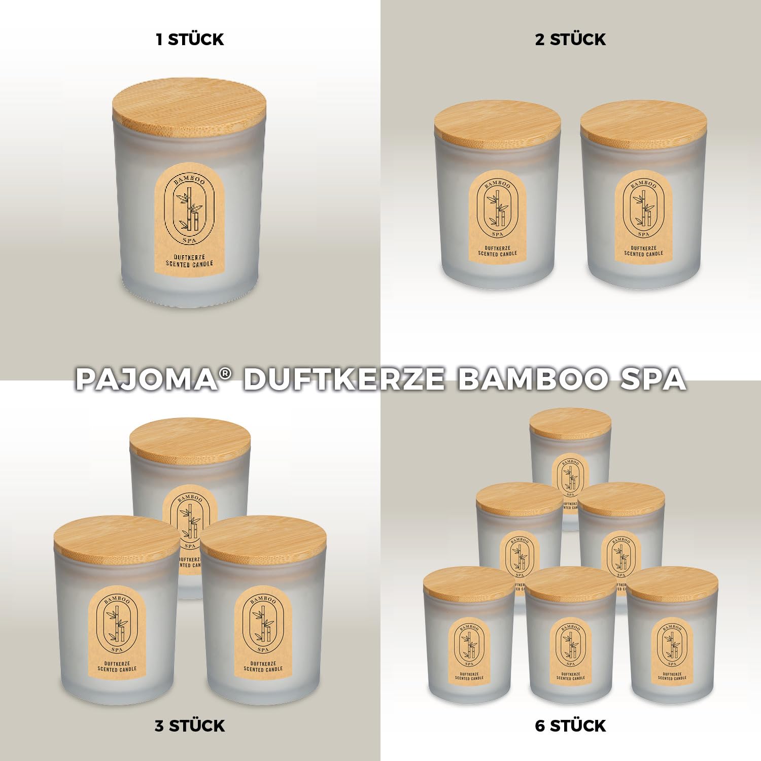 pajoma® 6x Duftkerze Bambus 120g Wachs Bamboo im satinierten Glas (H: 8 cm) mit Bambusdeckel | ca. 25h Brenndauer - natürlicher Spa-Duft | stilvolles Design & perfekt für Zuhause oder als Geschenk