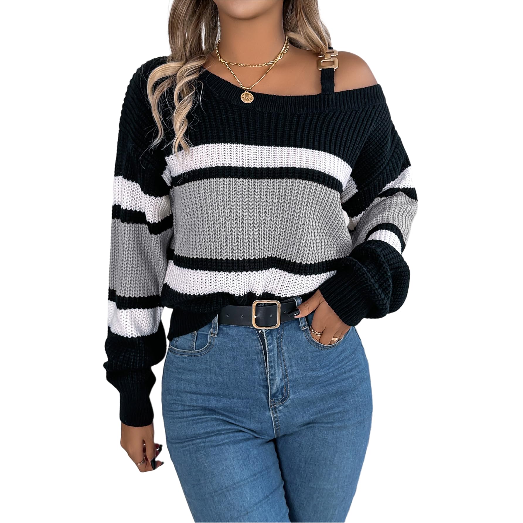 Womens Off Shoulder Sweater Top Fall Outfits Fashion Long Sleeve Crochet Pullover Sweaters