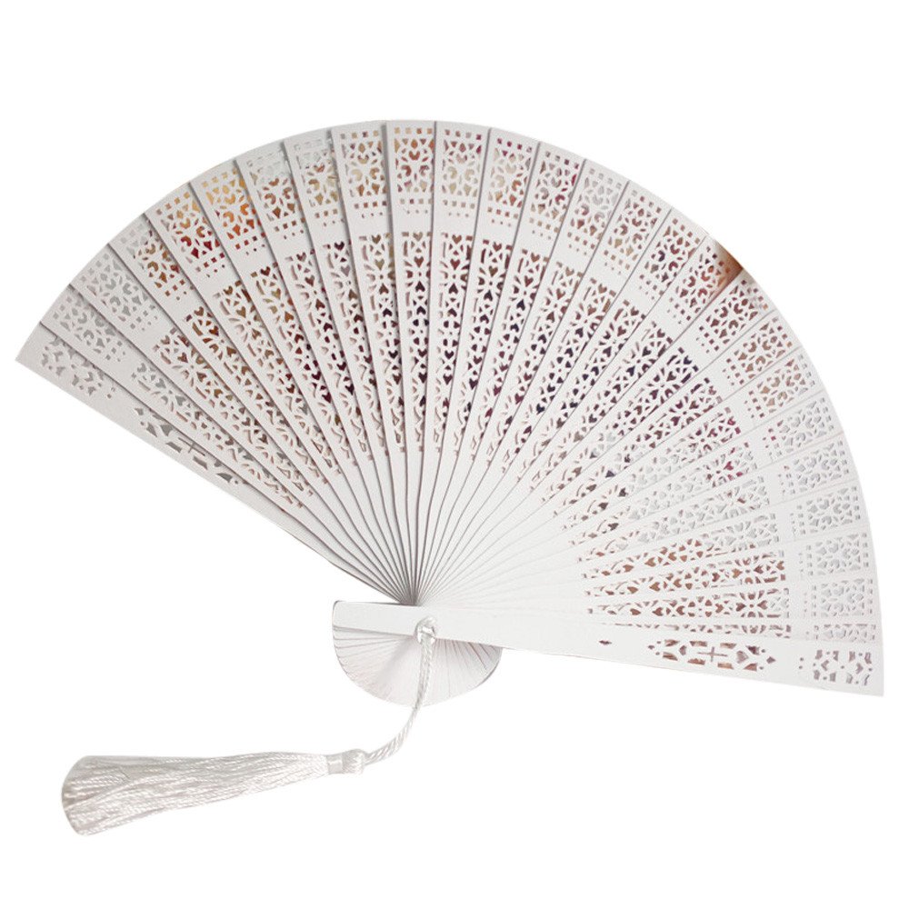 Handfächer Aus Sandelholz – Geschnitzt, 23 Cm Rippenlänge, 40 Cm Amplitude, Mit Quaste, Für Hochzeit & Sommer
