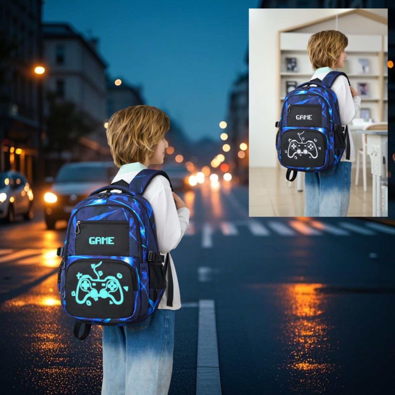 BLUWEI Kids Backpack Boys 18in Cool Luminous Game Bookbag Elementary Teens School Bag Age 6-12 (Blue)