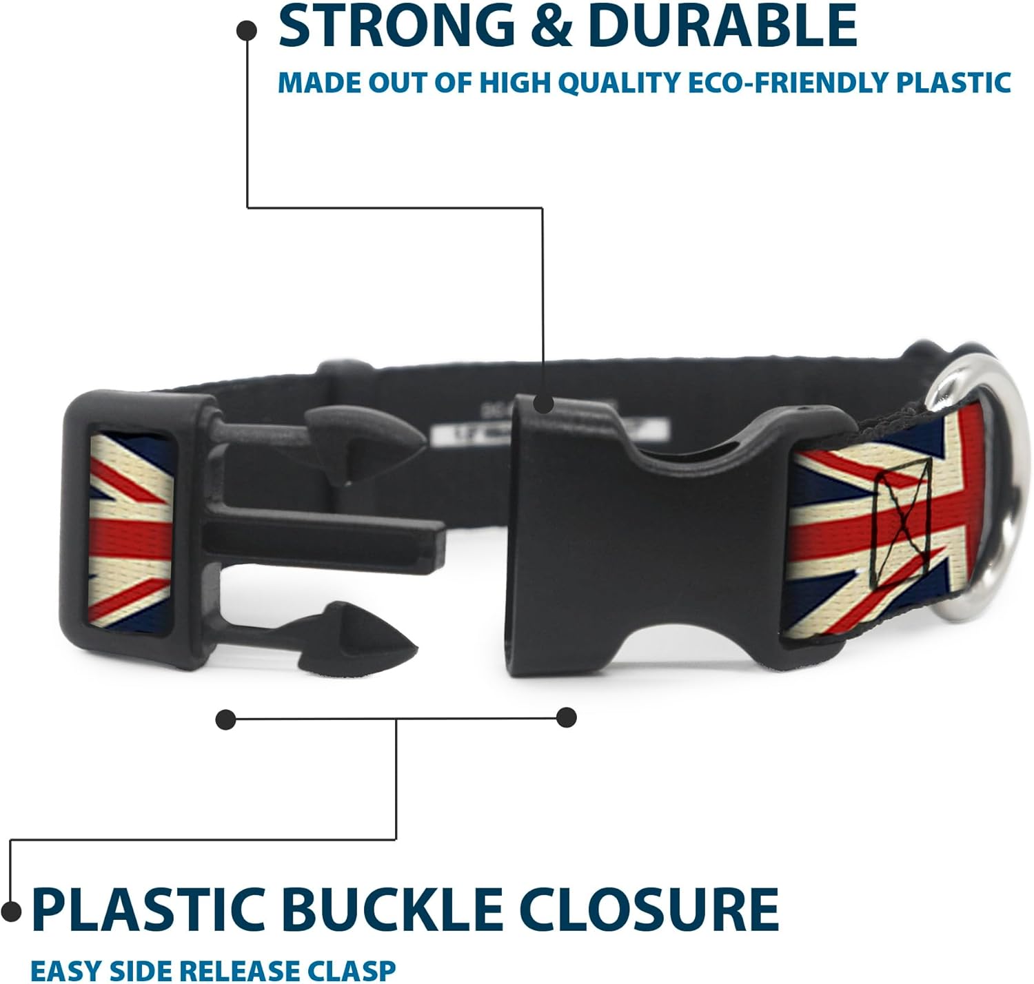 Buckle-Down Plastic Clip Collar - Vintage United Kingdom Flags - 1.5" Wide - Fits 18-32" Neck - Large