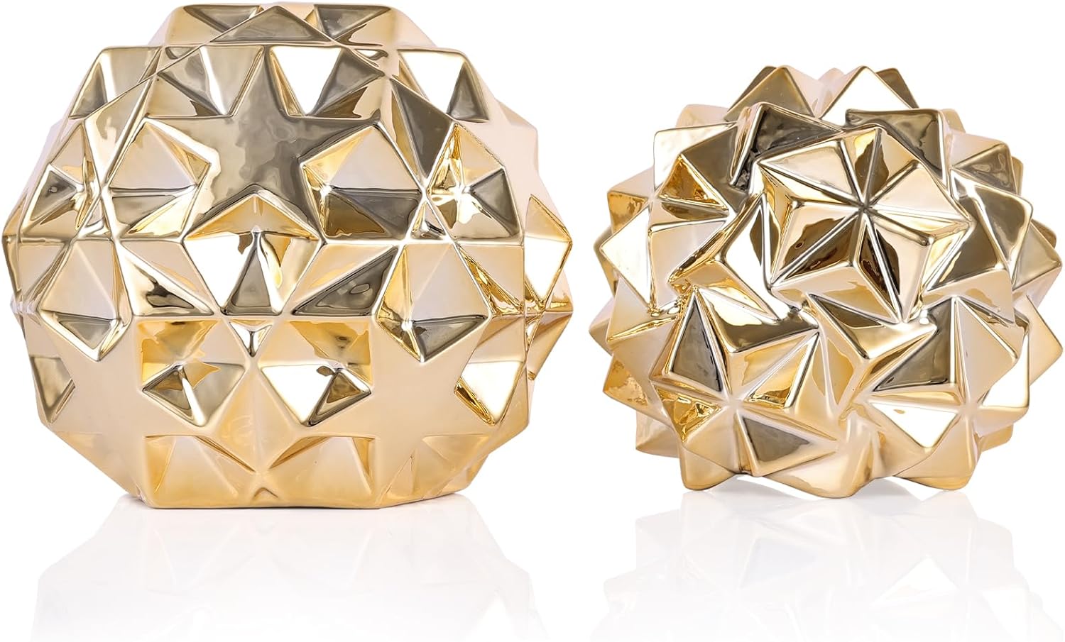 Gold Decor Geometric Sphere Figurines Set of 2 - Ceramic Gold Abstract Home Accents Orbs for Living Room Coffee Table, Shelf, Mantel, Office Tabletop Contemporary Sculpture