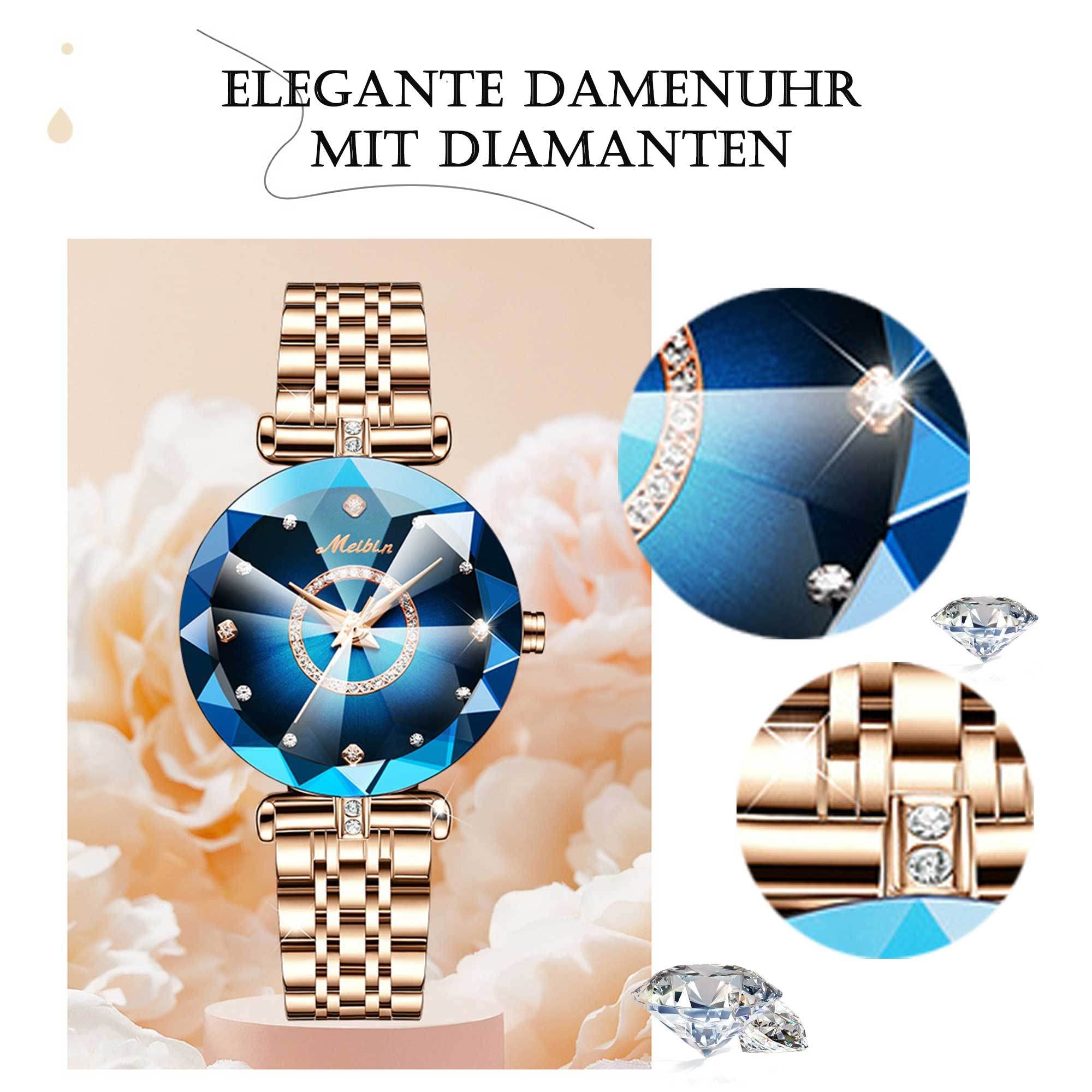 findtime Uhr Damen Analog Quarz Armbanduhren Gold Klassische Mode Damenuhr Edelstahlarmband Blaues Zifferblatt Blume 3ATM Wasserdicht Elegant Armreif Frauen Diamant Designer