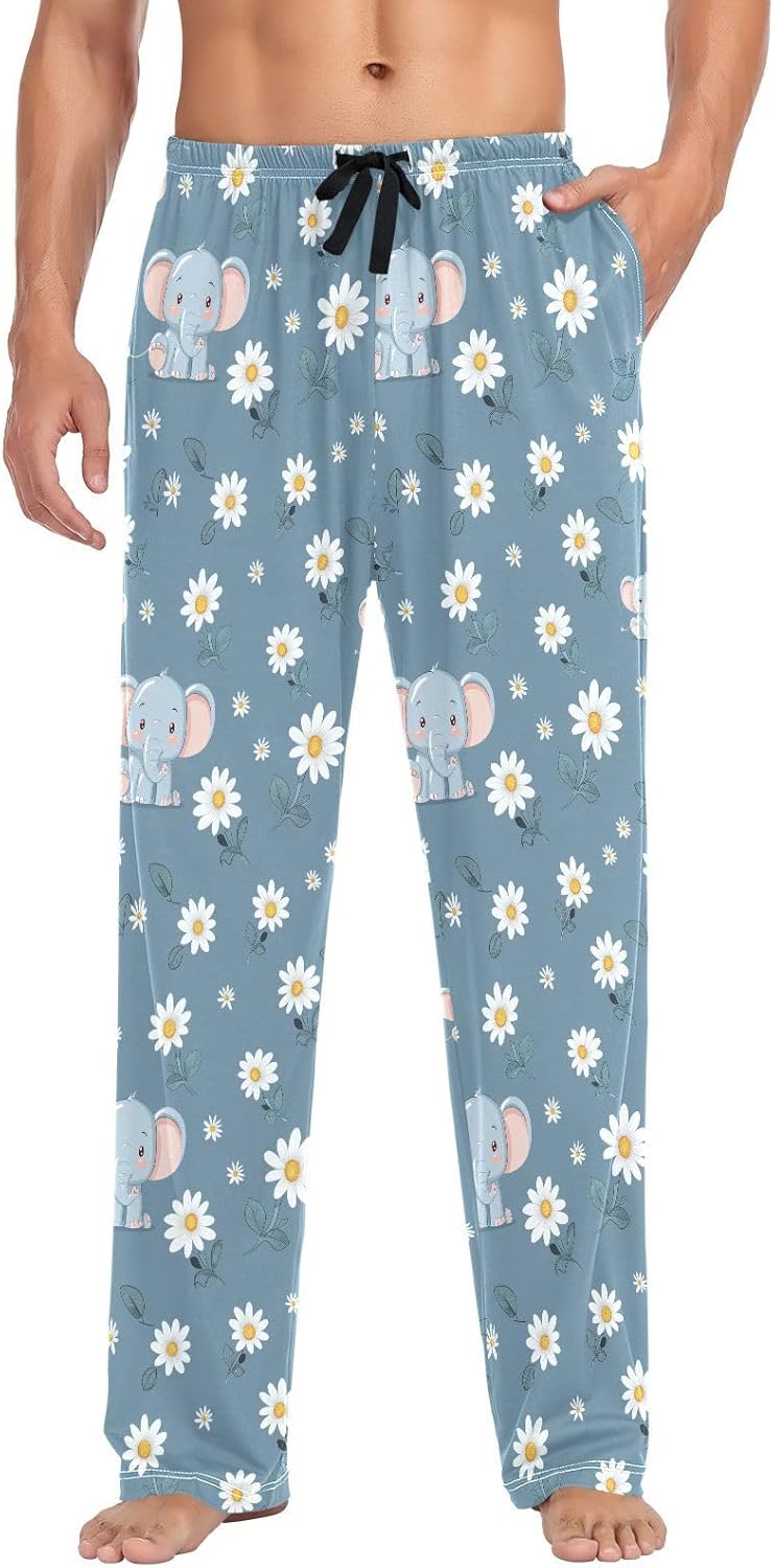ALAZA Cute Elephant Daisy Flower Men's Pajama Pants Men Cotton Pajama Bottoms with Pockets, S