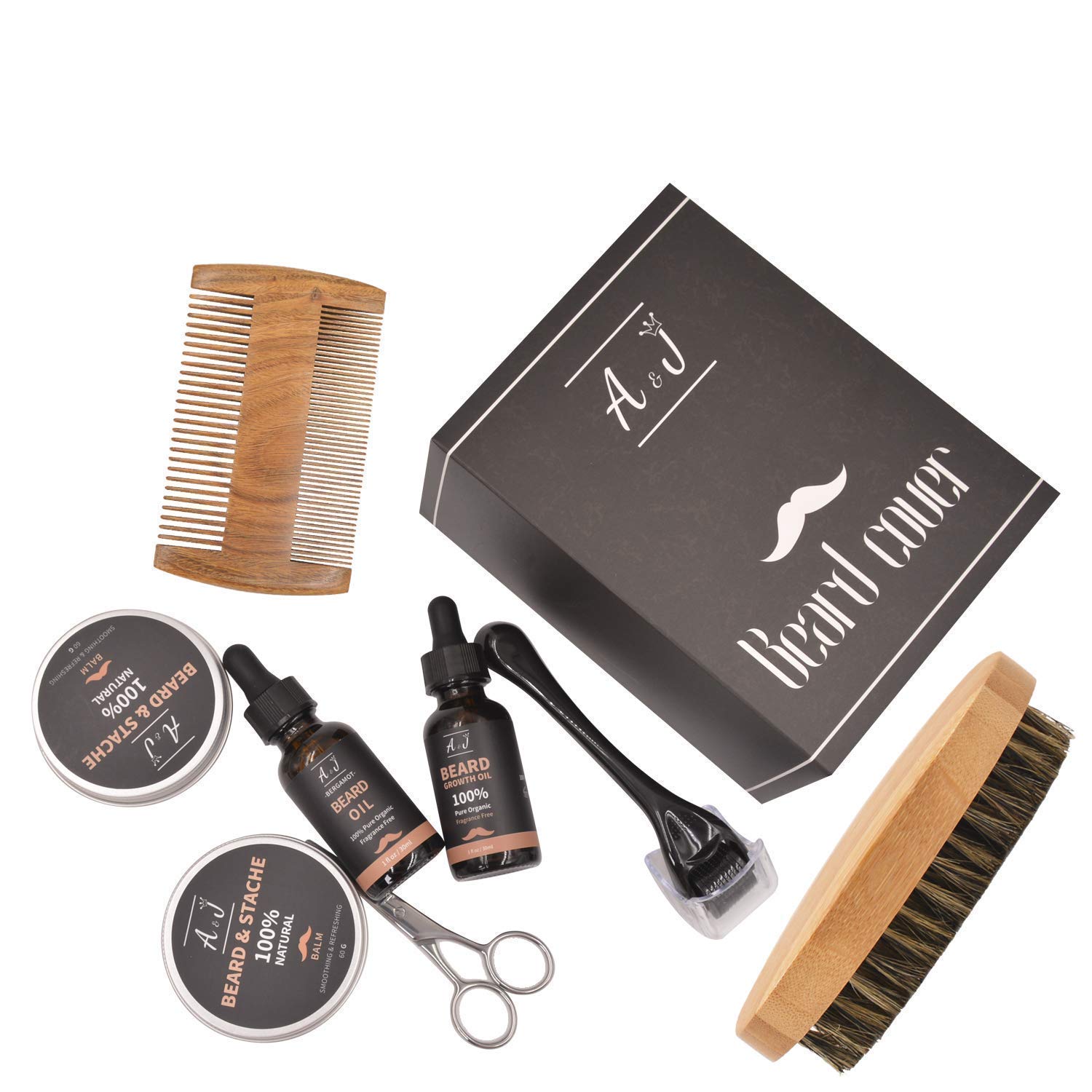 A & J FULL Beard Growth Kit w/ 2Pcs of 100% Pure Organic BEARD OIL | 2Pcs of 100% Natural BEARD BALM | Derma ROLLER | Beard BRUSH | Beard COMB | Beard SCISSOR | Storage BAG