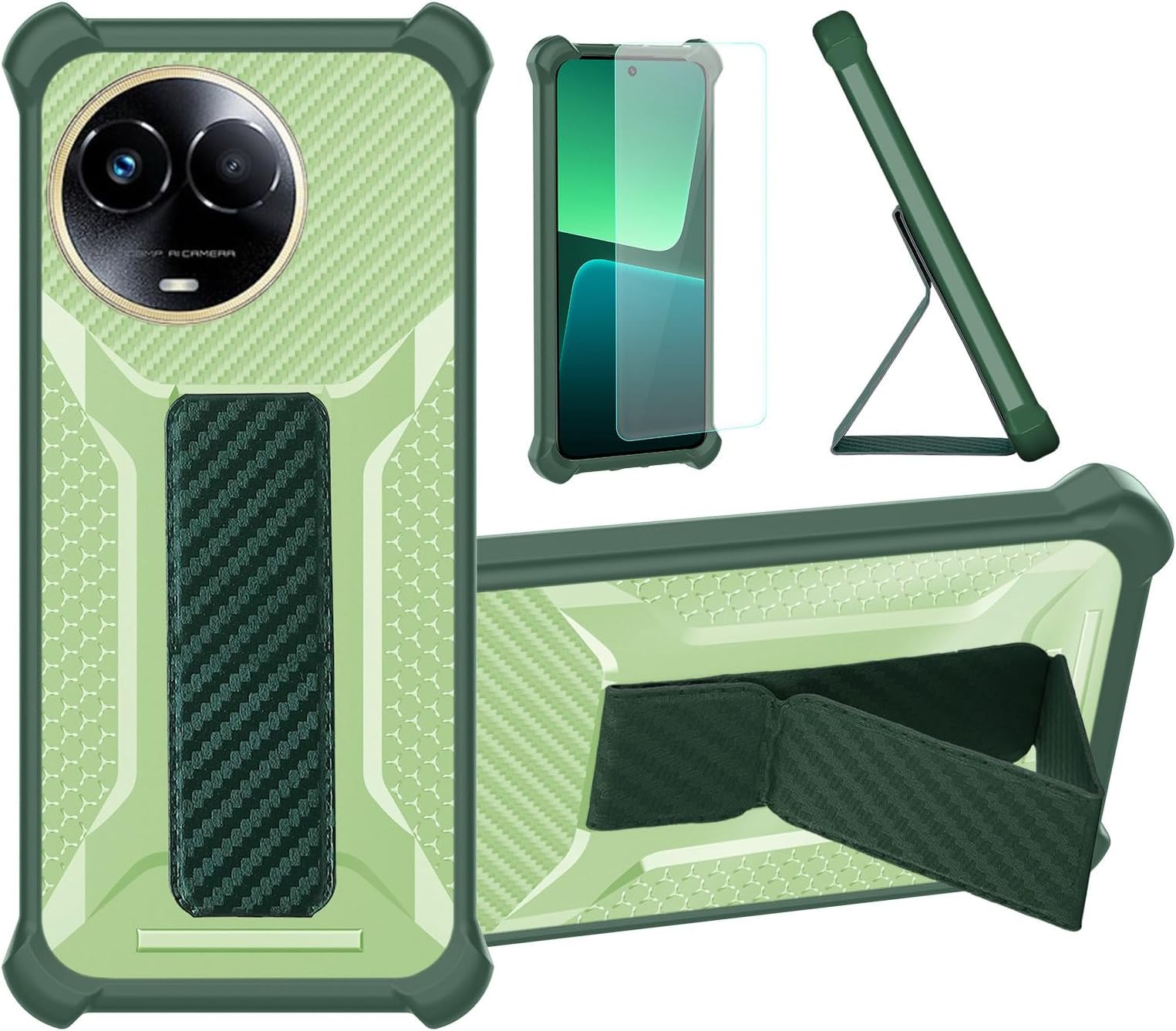 Case Compatible for Realme 11 4G Phone Case Cover [with Tempered Glass Screen Protector] Hybrid Case [Folding Support Magnetic] [Frosted anti-fingerprint] Green