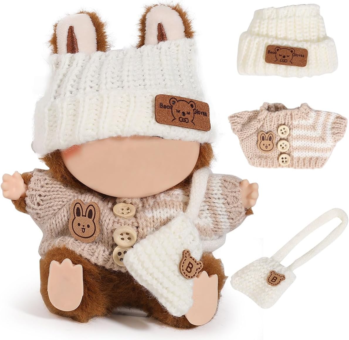 Clothes for Labubu(NO Doll), 3 Pcs Set Hat Clothes Backpack for Standing/Sitting LABUBU or Any 17cm/6.7inch Doll (White Hat/Rice Jacket/White Bag)