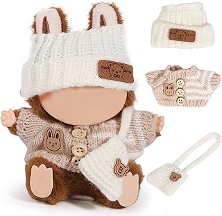 Clothes for Labubu(NO Doll), 3 Pcs Set Hat Clothes Backpack for Standing/Sitting LABUBU or Any 17cm/6.7inch Doll (White Hat/Rice Jacket/White Bag)