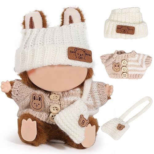 MVOHSMVO Clothes for Labubu(NO Doll), 3 Pcs Set Hat Clothes Backpack for Standing/Sitting LABUBU or Any 17cm/6.7inch Doll (White Hat/Rice Jacket/White Bag) - White Hat/Rice Jacket/White Bag