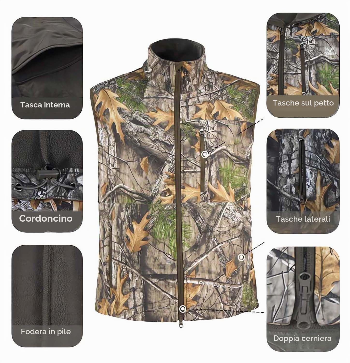 Gilet Caccia Uomo Invernale, Mimetico Gilet da Caccia con Foderata in Pile, Impermeabile e Antivento, Multi-Tasca Traspirante Panciotto per Inverno e Autunn, Caccia, Pesca