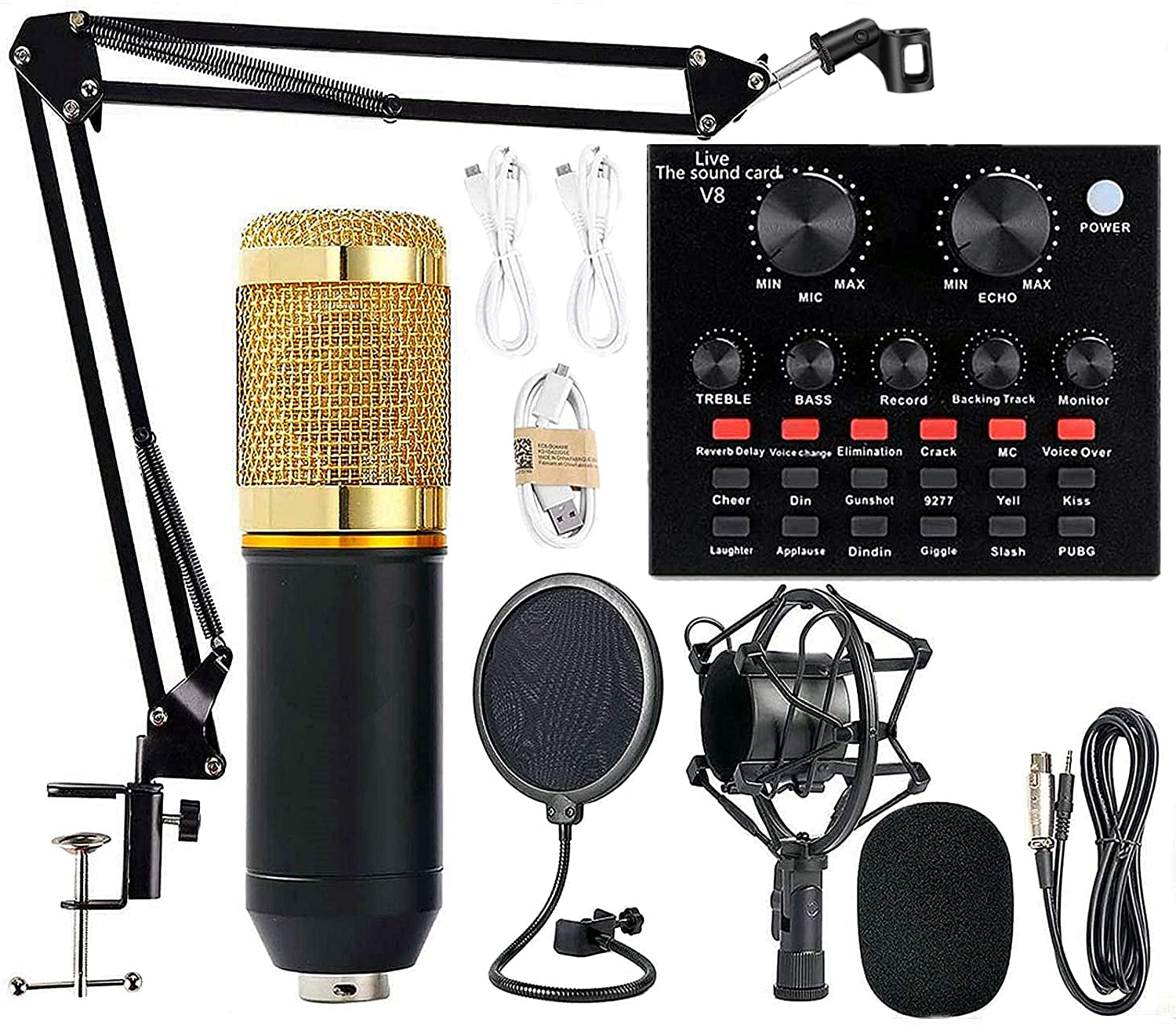 E-Store BM800 Condenser Microphone Set with V8 Sound Card, Adjustable Mic Stand, Double-Layer Pop Filter for Live Streaming, Gaming, Voice Recording, Singing, Smule, Star Maker, and Podcasting