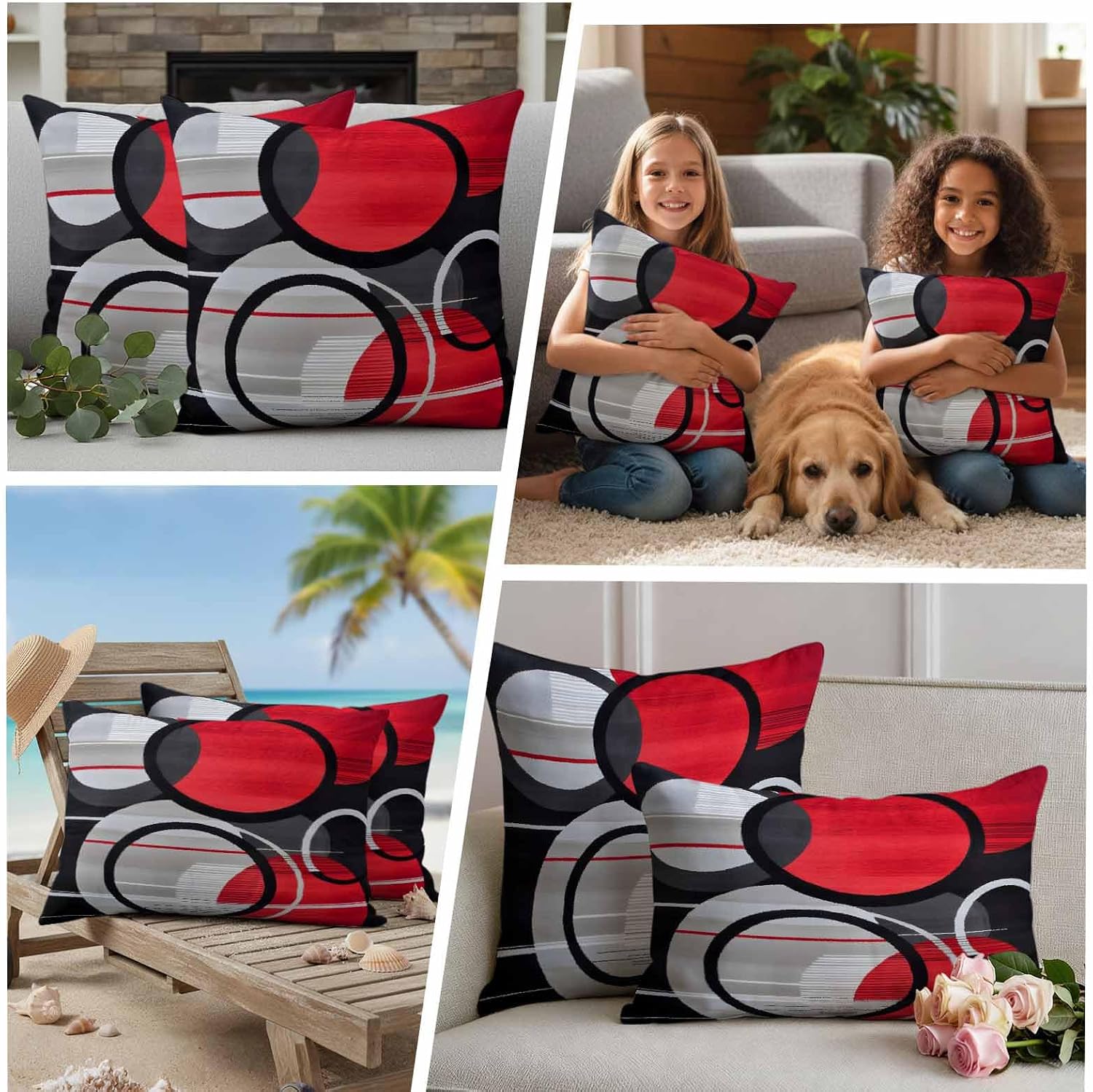 JasmineM Outdoor Pillow Cover 24x24 Inches Set of 2 Abstract Round Waterproof Throw Pillow Covers Red Black Decorative Pillowcases Garden Cushion Case for Patio Couch Sofa