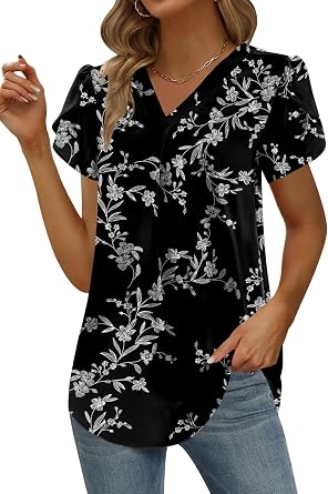 Yincro Womens Summer Dressy Chiffon Blouses V Neck Ruffle Short Sleeve Casual Tunic Tops