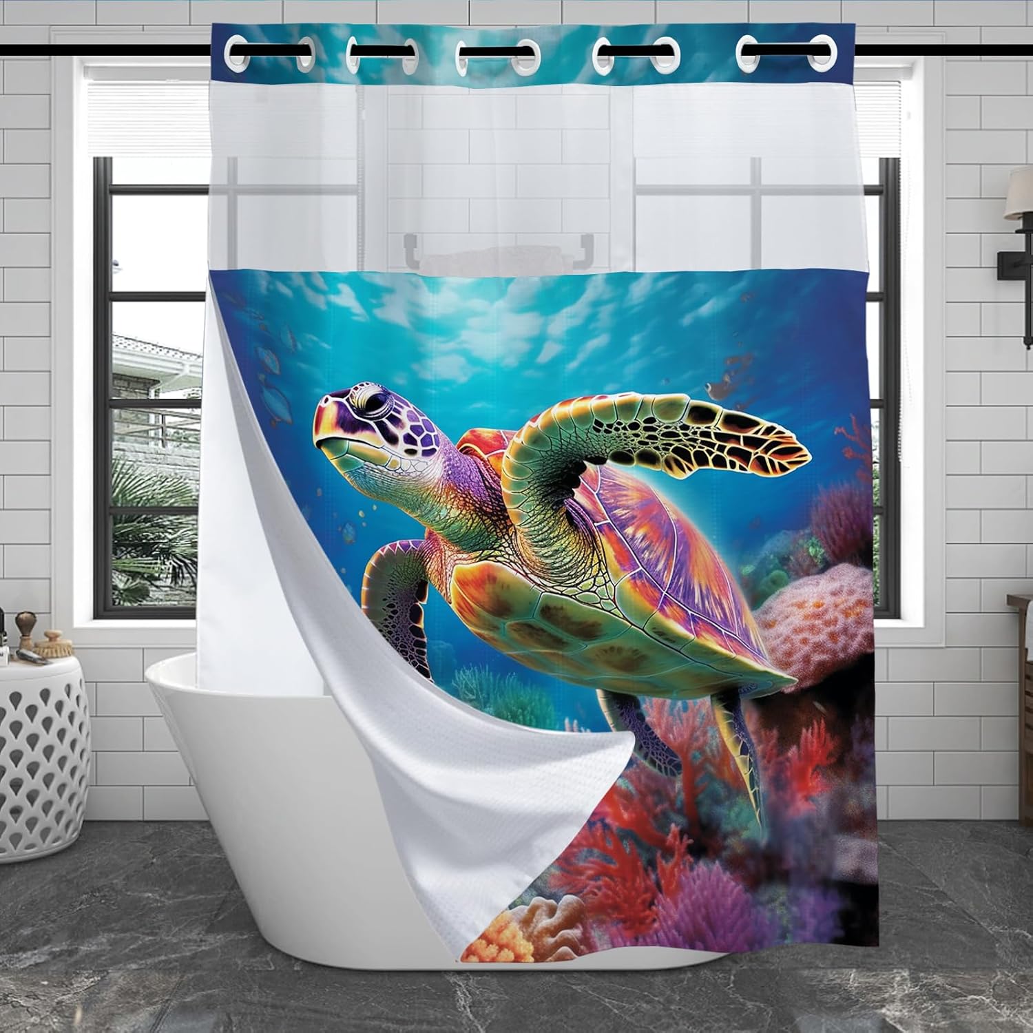 Ocean Turtle Shower Curtain for Bathroom, Waterproof Waffle Funny Nautical Fish Shower Curtain with Snap in Fabric Liner Set, Heavy Duty Shower Curtains Hotel Spa Luxury Polyester 72Wx74H No Hook