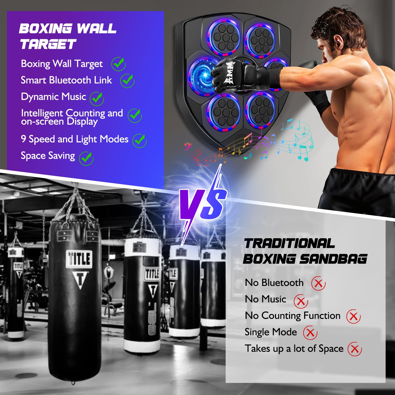 Joellfuner Music Boxing Machine, LED Macchina da Boxe Musicale, Supporto Bluetooth, Conteggio Intelligente, 9 modalità, Boxe Musicale da Parete per l'Allenamento Amatoriale Domestico