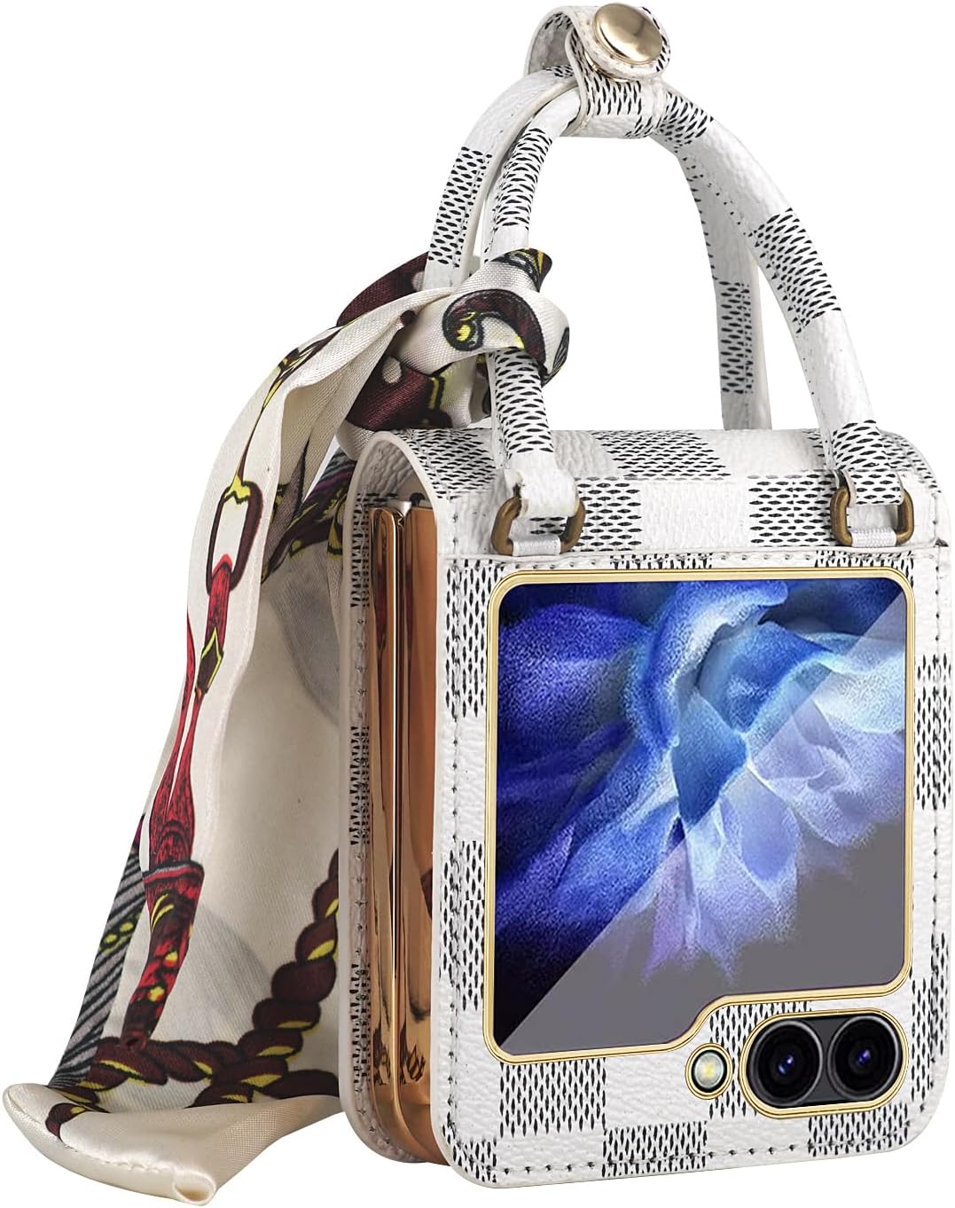 Premium Leather Case Galaxy Z Flip 6 with Hand Grip and Silk Scarf Chain Wrist Strap Cover for Women Z Flip6 Case Built-in Screen Protector for Samsung Z Flip 6 Phone Case, Checker White