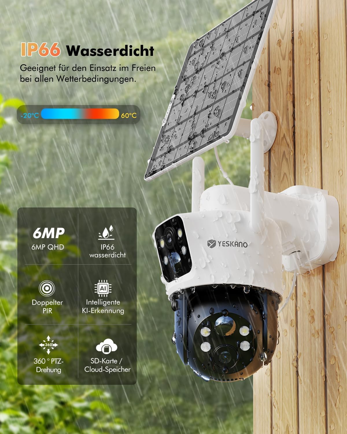 YESKANO 2K Überwachungskamera Aussen Solar, 360° PTZ Solar Kamera Outdoor
