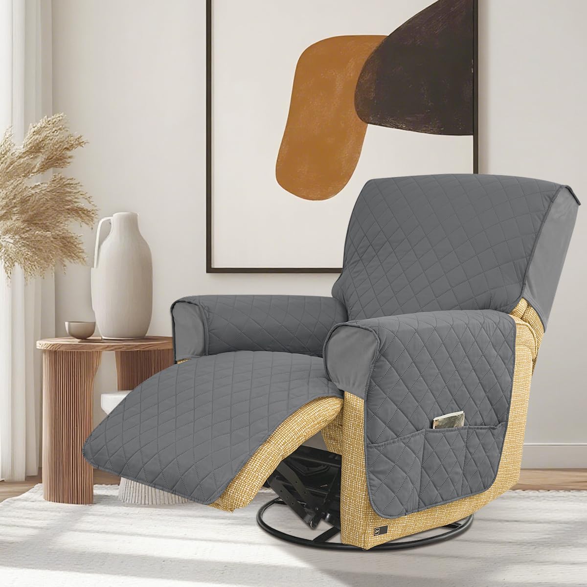 100% Waterproof Recliner Chair Covers,1-Piece Couch Covers for Reclining Chair/Sofa Covers Washable Furniture Protector with Elastic Straps Pocket for Kids, Pets (Dark Grey)