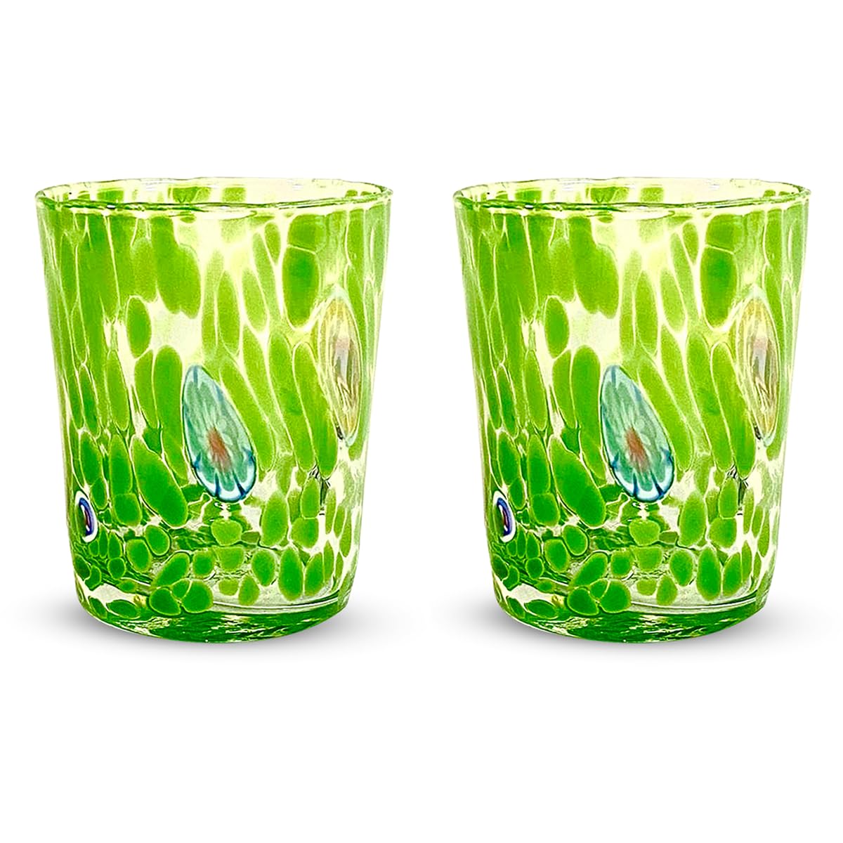 Gocce di Murano Un vaso de lluvia arco iris de cristal de Murano soplado 300 ml hecho a mano colorido paquete 2 copas de agua elegante y precioso (verde, 2)