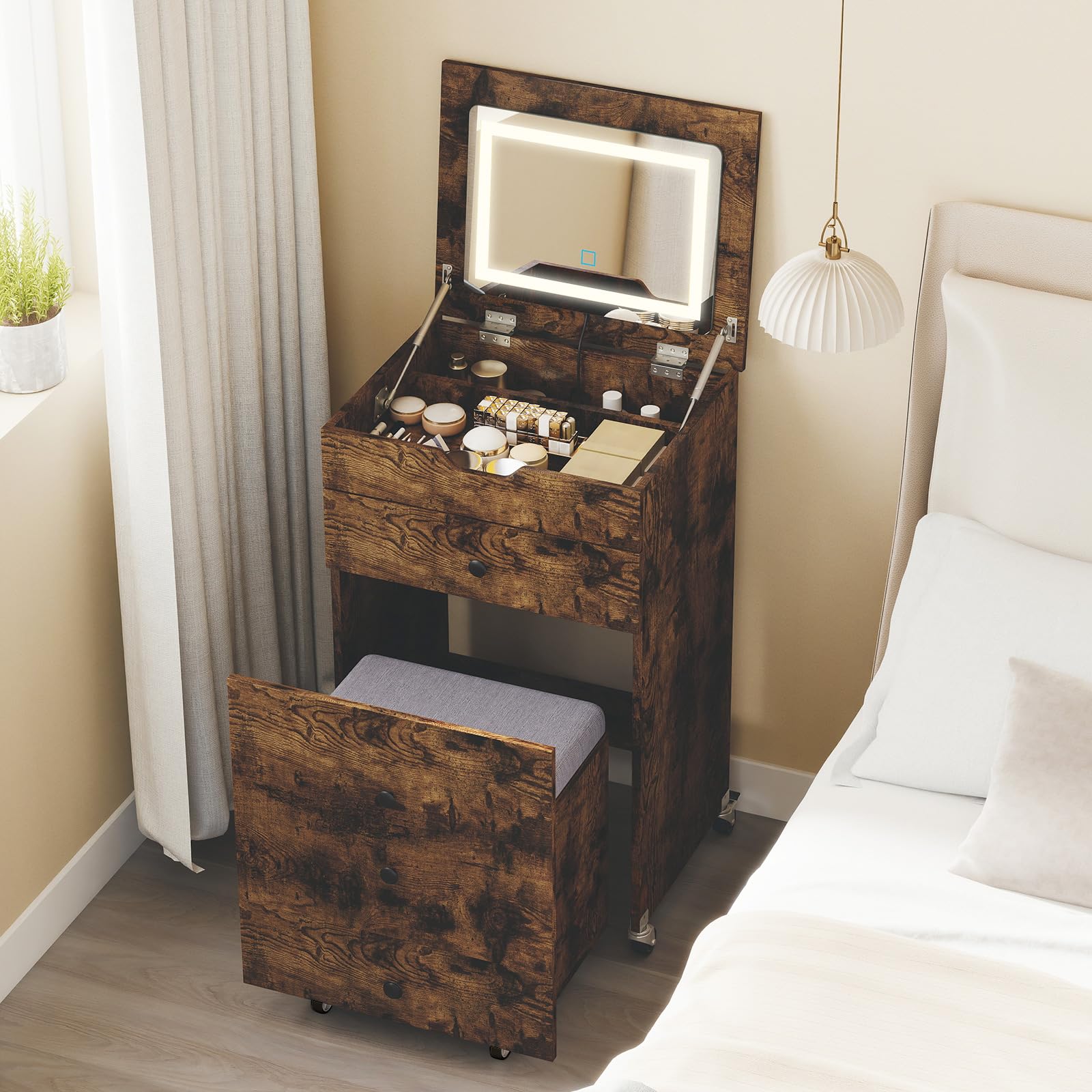 COSTWAY Small Dressing Table with Flip-top LED Mirror and Cushioned Storage Stool, 50cm Compact Integrated Makeup Table Vanity Desk Set with 3-Color Lights, Drawers & Wheels for Bedroom (Rustic Brown)