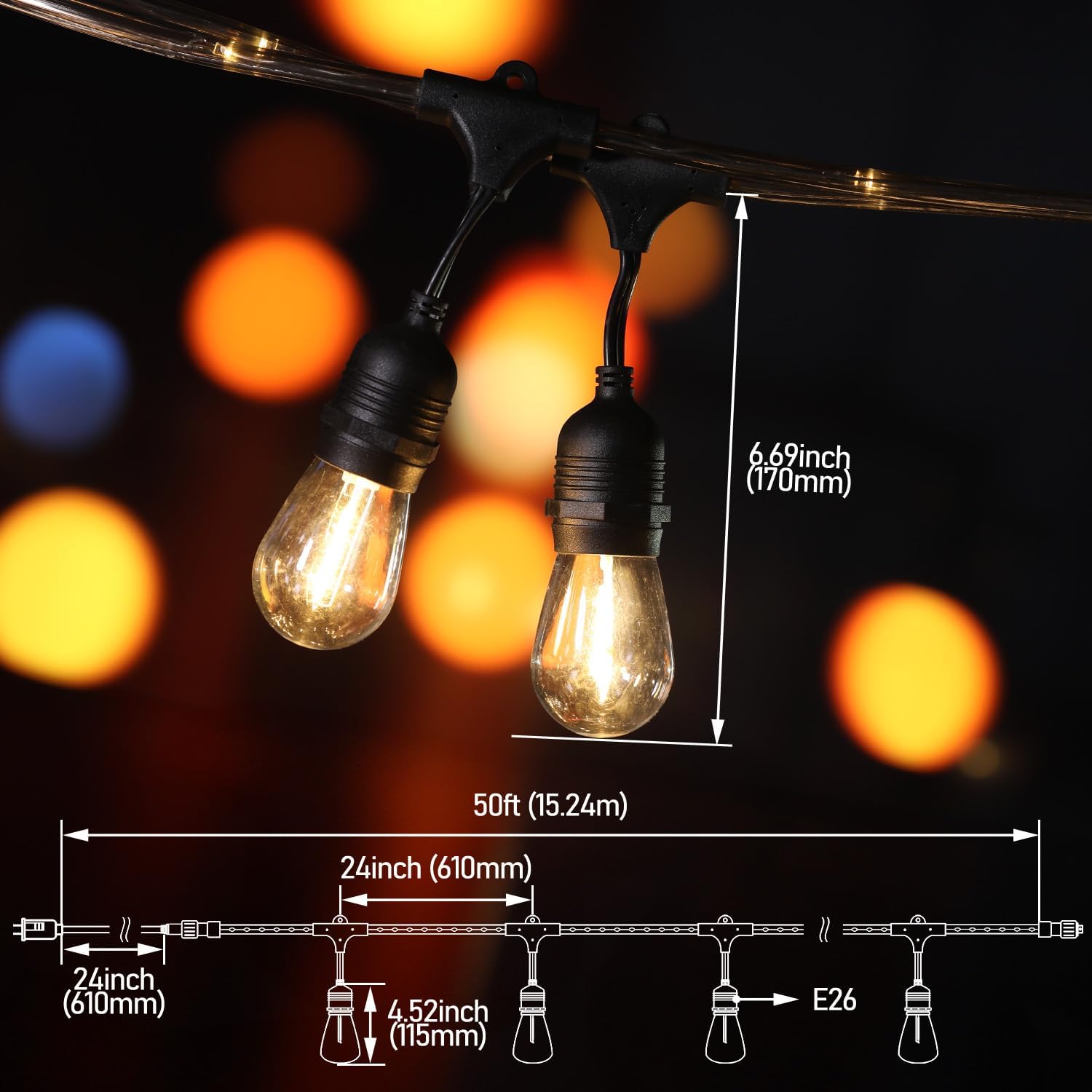 LEONLITE LED Outdoor String Lights 48FT Valentine's Day Decoration, Clear Grey Fairy Neon Light String with 24 Antique S14 Bulbs, Max 6 Sets(288FT), Commercial Grade Heavy Duty Wire, 120V UL Plug