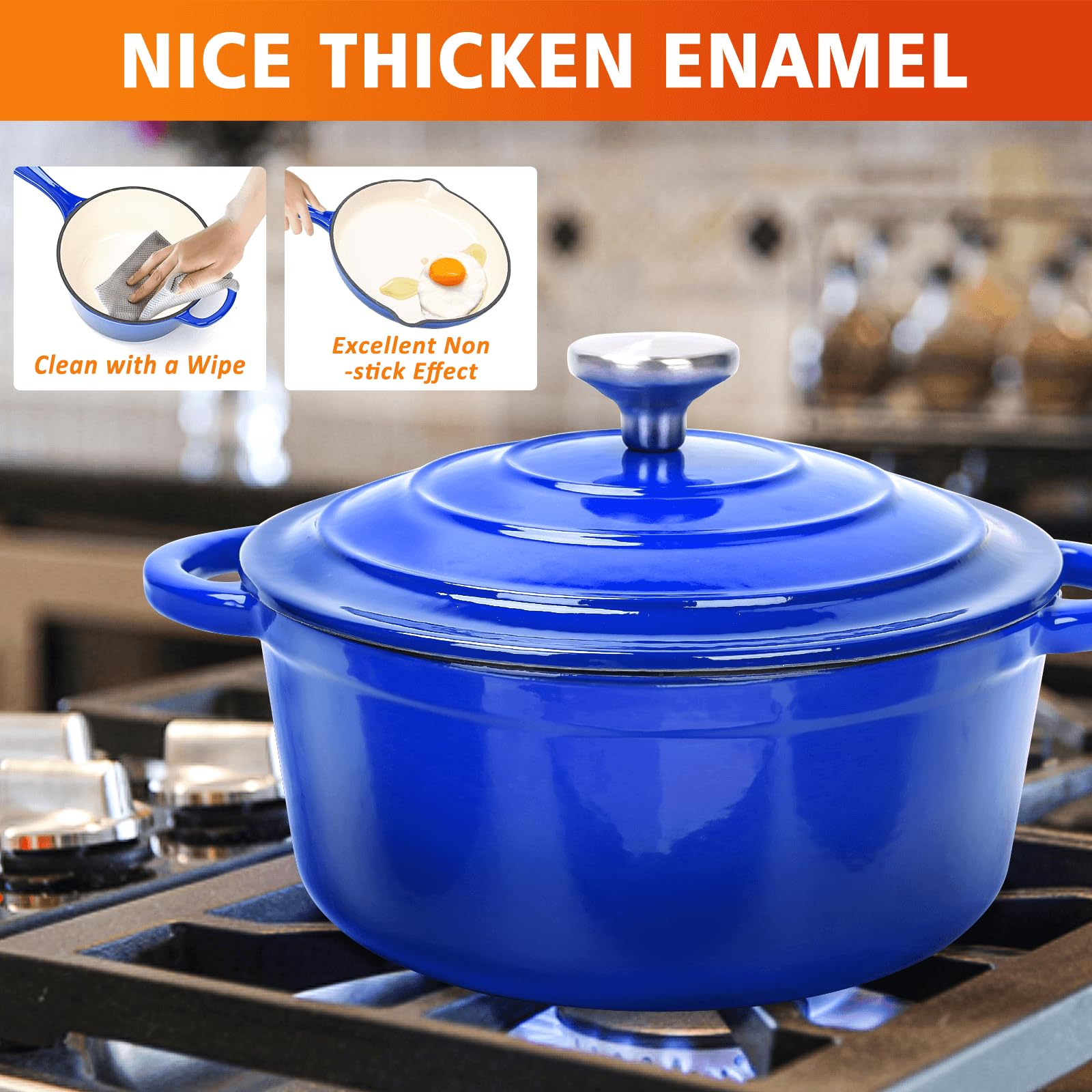 Denmay Batterie de cuisine en fonte émaillée – 7 pièces avec four hollandais, poêle à frire, casserole à sauce avec 3 couvercles, kit de four hollandais pour tous les types de feux, marmite à pain