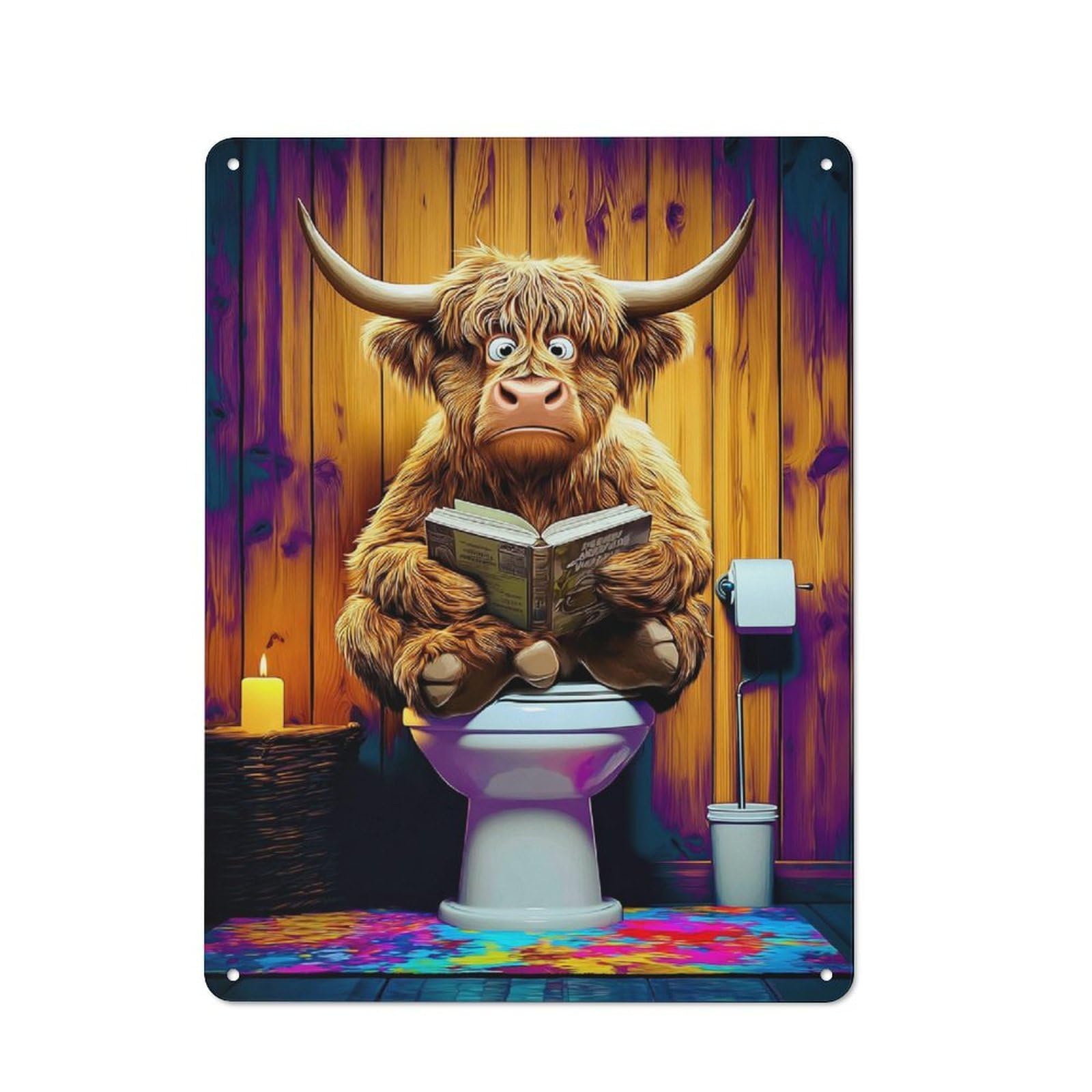 Junmoney Highland Cow Reading In The Bathroom -3 Country Farmhouse Metal Sign 40X30cm, Farmhouse Wall Decor For Dining Room, Cafe, Entryway Or Family Room