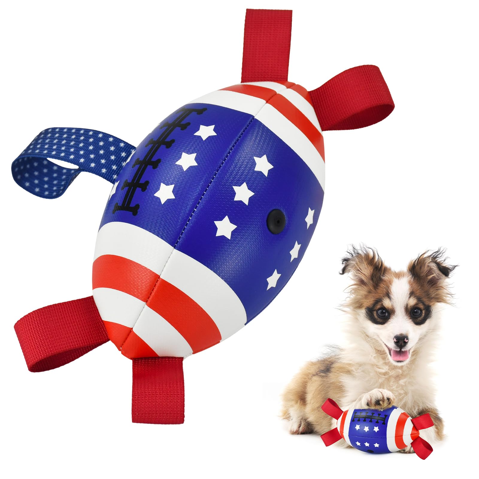 LyssKMK 4th of July Dog Football with Straps Puppy Interactive Toy Pet Tug Ball Toy with American Flag Pattern for Medium Large Dogs Medium-2