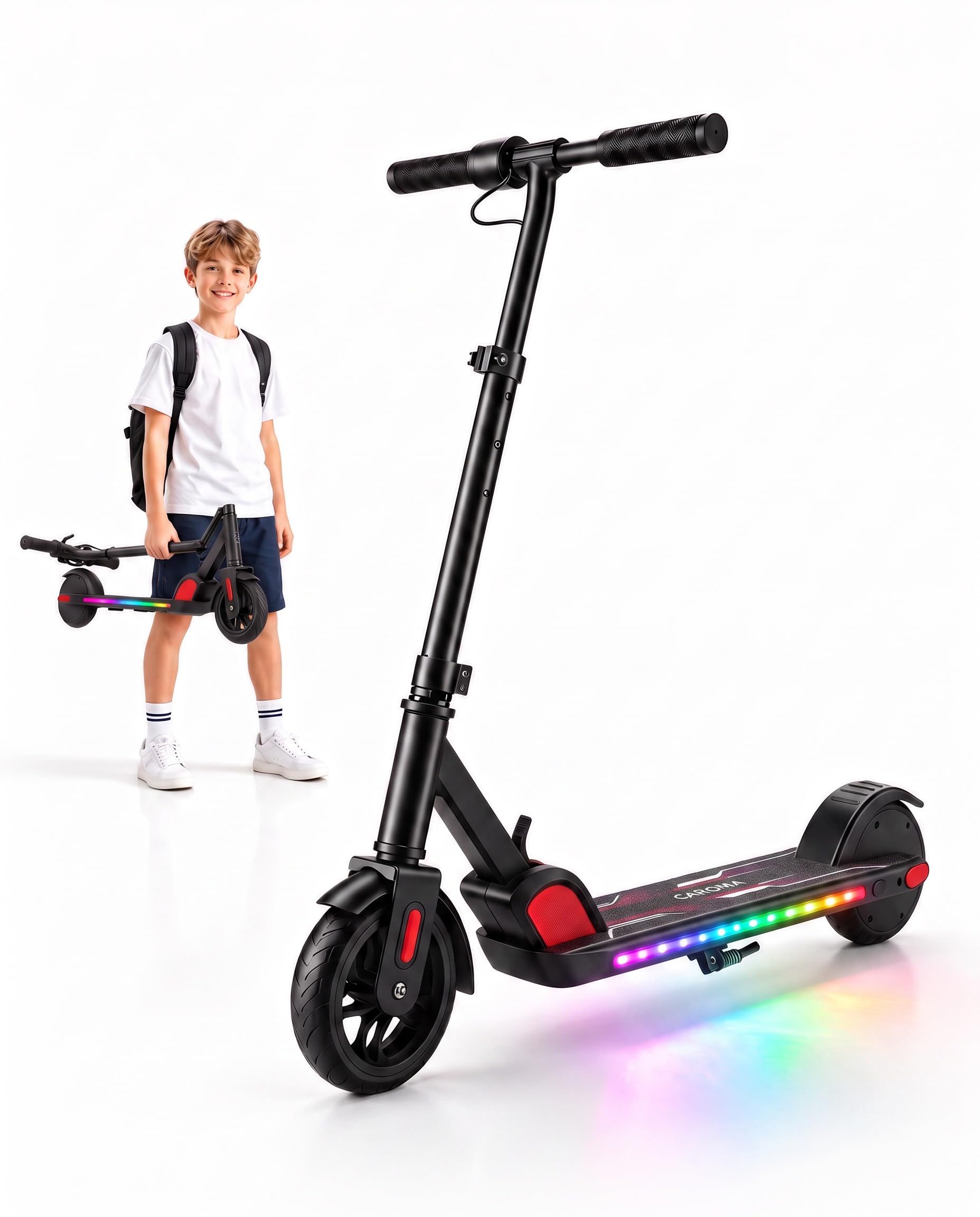 Caroma Patinete eléctrico para niños de 6 a 12 años, Motor de 150 W hasta 16 km/h, Alcance de 12 km, Patinete eléctrico Plegable con Luces Coloridas y Pantalla LED, Velocidad y Altura Ajustables