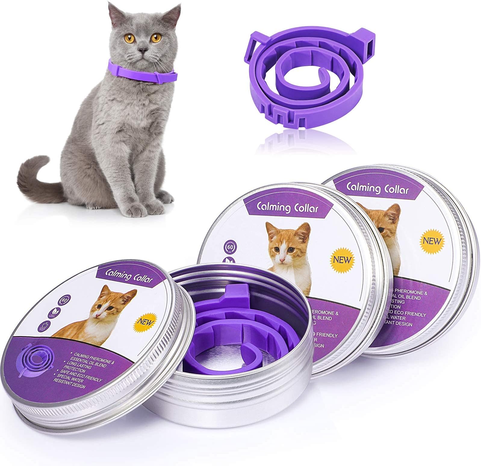 Cat Calming Collar, 3 Pack Calming Collar for Cats, Kitten Pheromone Anti-Anxiety Calm Collars, Adjustable Waterproof Collar Up to 15 Inches Fit for Small Medium Large Cats