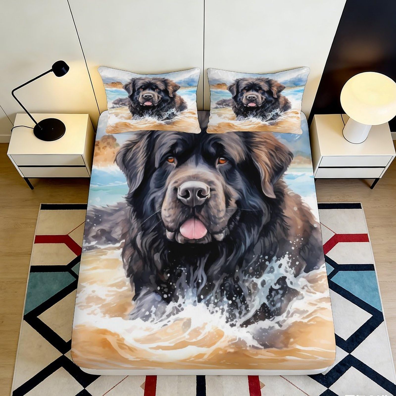 3D Printed Newfoundland Dog Beach Art Fitted Sheet Microfiber Non-Slip Bed Cover for Bedroom Guest Room Decor Mattress Protection 90x200x25cm