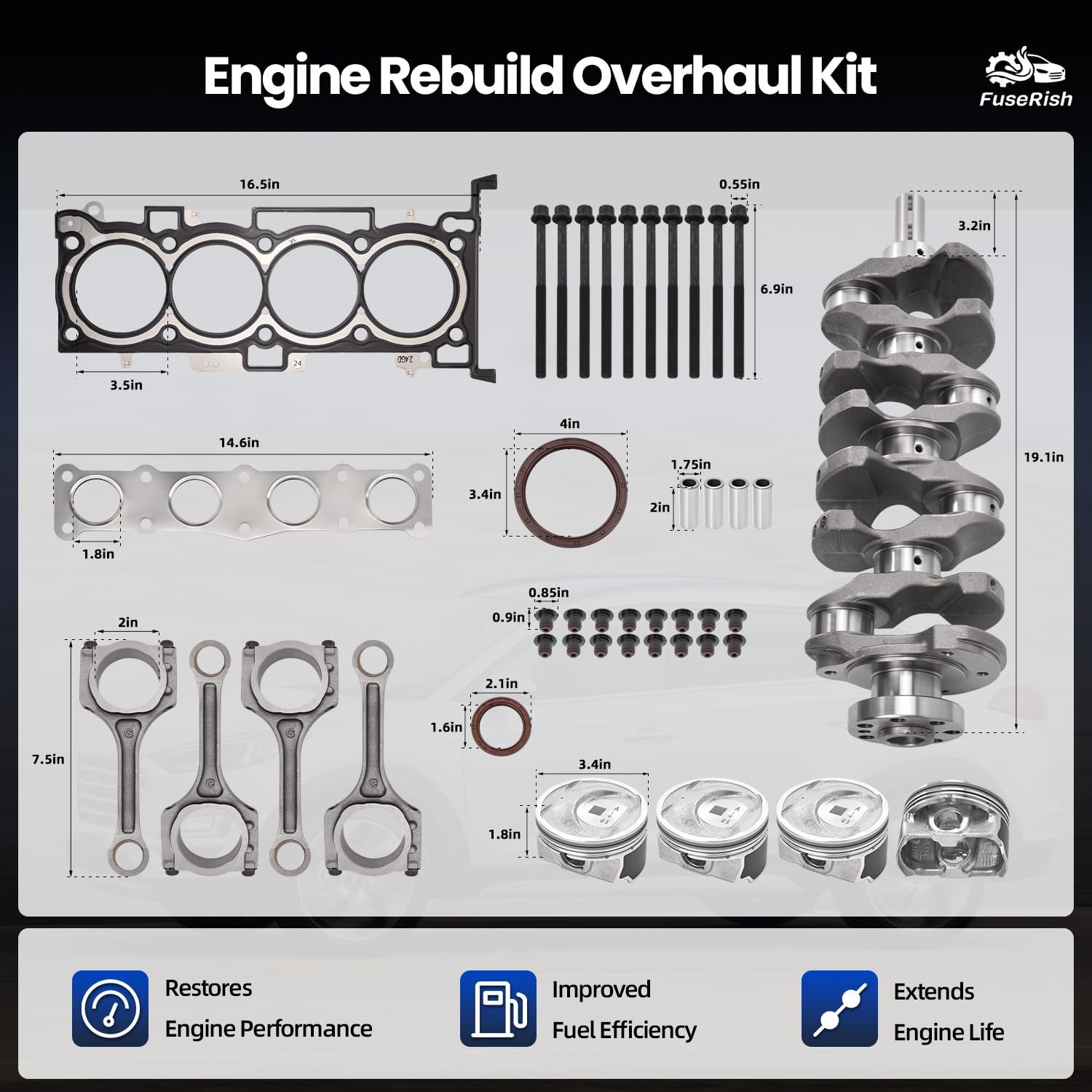 G4KJ 2.4L Engine Rebuild Overhaul Kit w/Crankshaft & Connecting Rods Compatible with KIA Sorento Optima & Sportage 11-2020; for Tucson Sonata & Santa Fe Sport 11-2019 Replace 23111-2G200, 23510-2G500