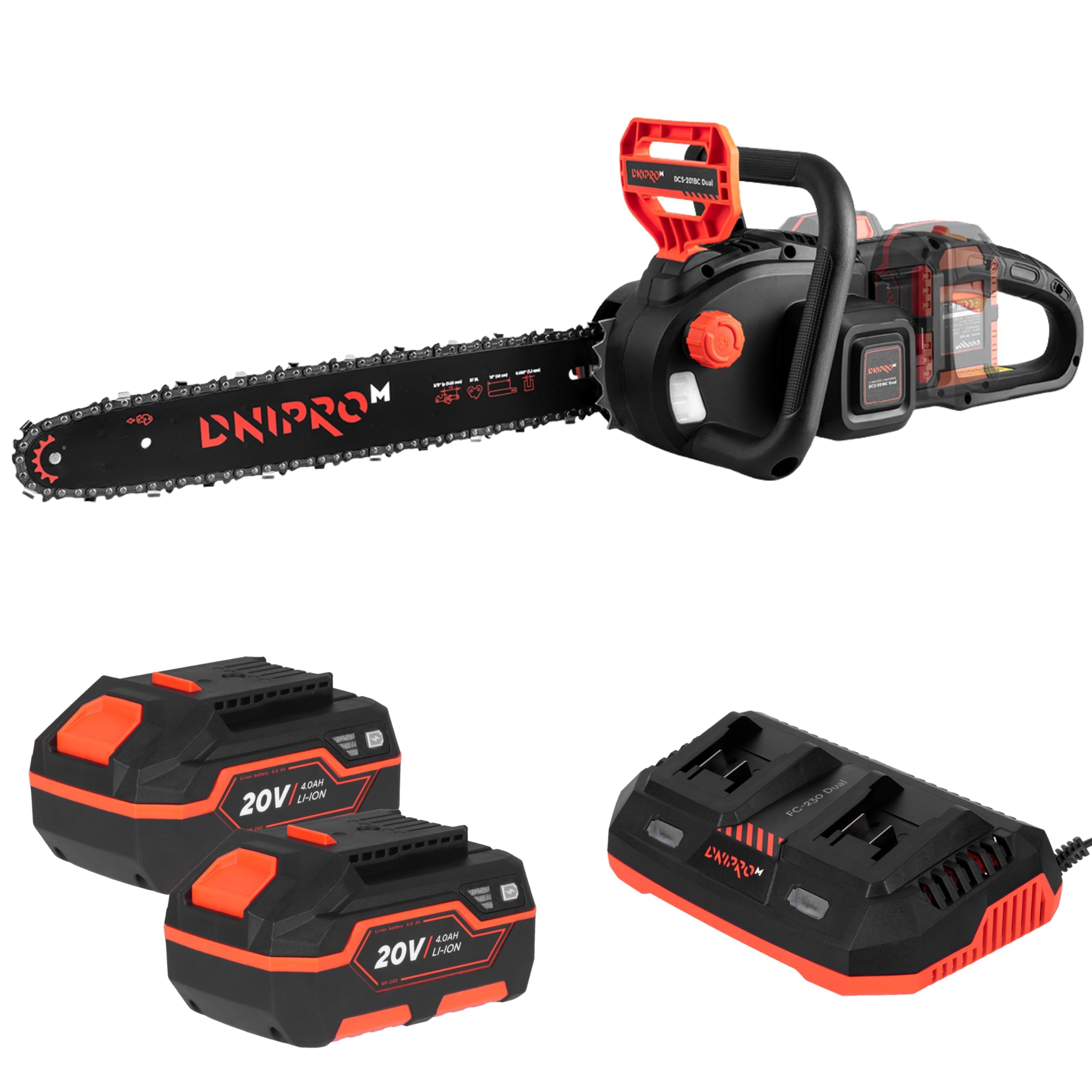 Motosierra a Batería DCS-201BC Dual 2x20V - Espada de 40 cm, Velocidad de Cadena 16 m/s, 8000 RPM, Cadena 3/8” - Peso 4 Kg, Freno de Seguridad - Incluye 2 Baterías 4 Ah y Cargador Dual - Por Dnipro-M