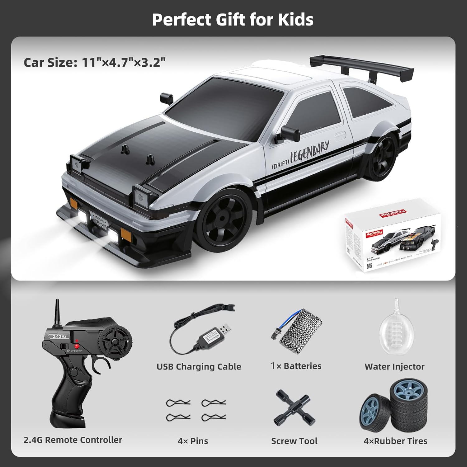 RC Drift Car Drifting RC Car for Adults, 1/16 2.4GHz 4WD Remote Control Cars with Smoke LED Lights Rechargeable Battery and Drifting Tires Toy Cars for Boys Kids
