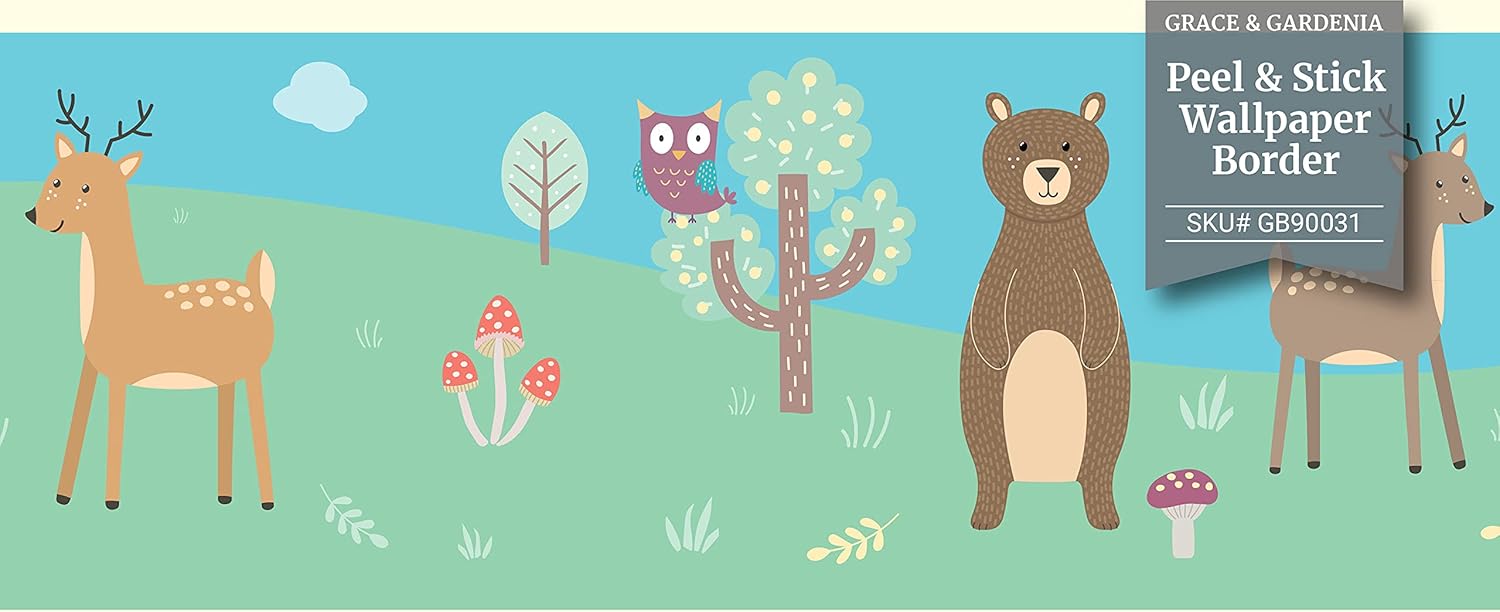 Grace & Gardenia Forest Animals Peel and Stick Wallpaper Border (Blue Green Tan, 8 inch)