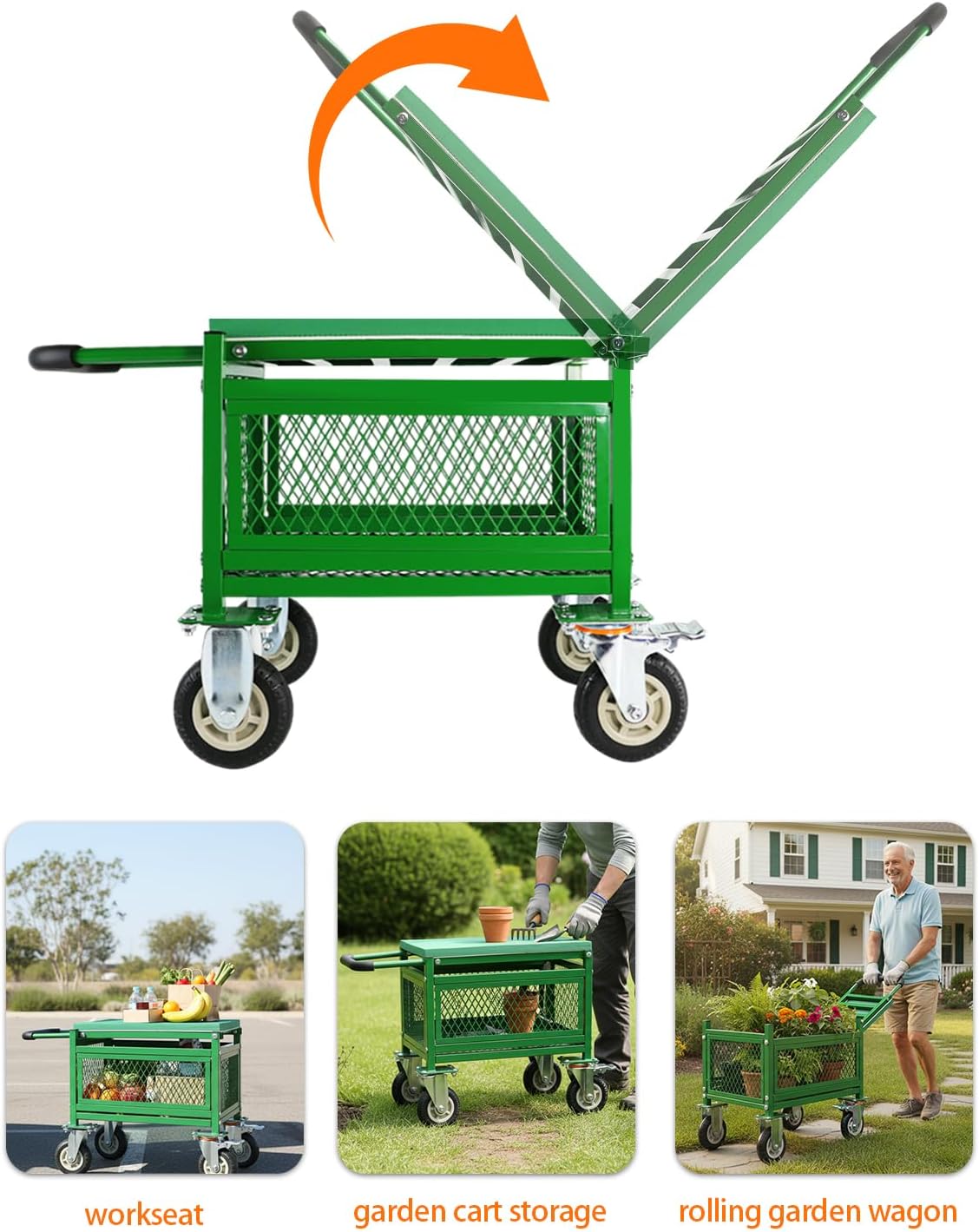 Garden cart with seat and Wheels - Lockable 360 Swivel Wheels & Heavy‑Duty – Foam Handle Grip, Large Mesh Storage Basket – Comfortable Garden Rolling Seat for Seniors, Patio, Lawn & Yard