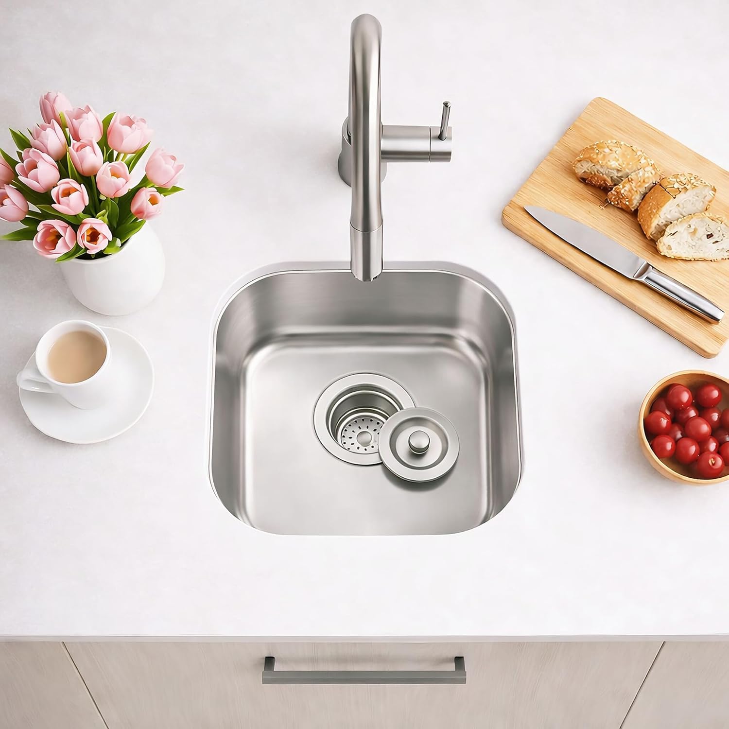 ORLANDO 16x16 inch Undermount Bar Prep Sink – 18 Gauge Stainless Steel Single Bowl Compact Kitchen Sink with Basket Strainer for Small Kitchen & Wet Bar
